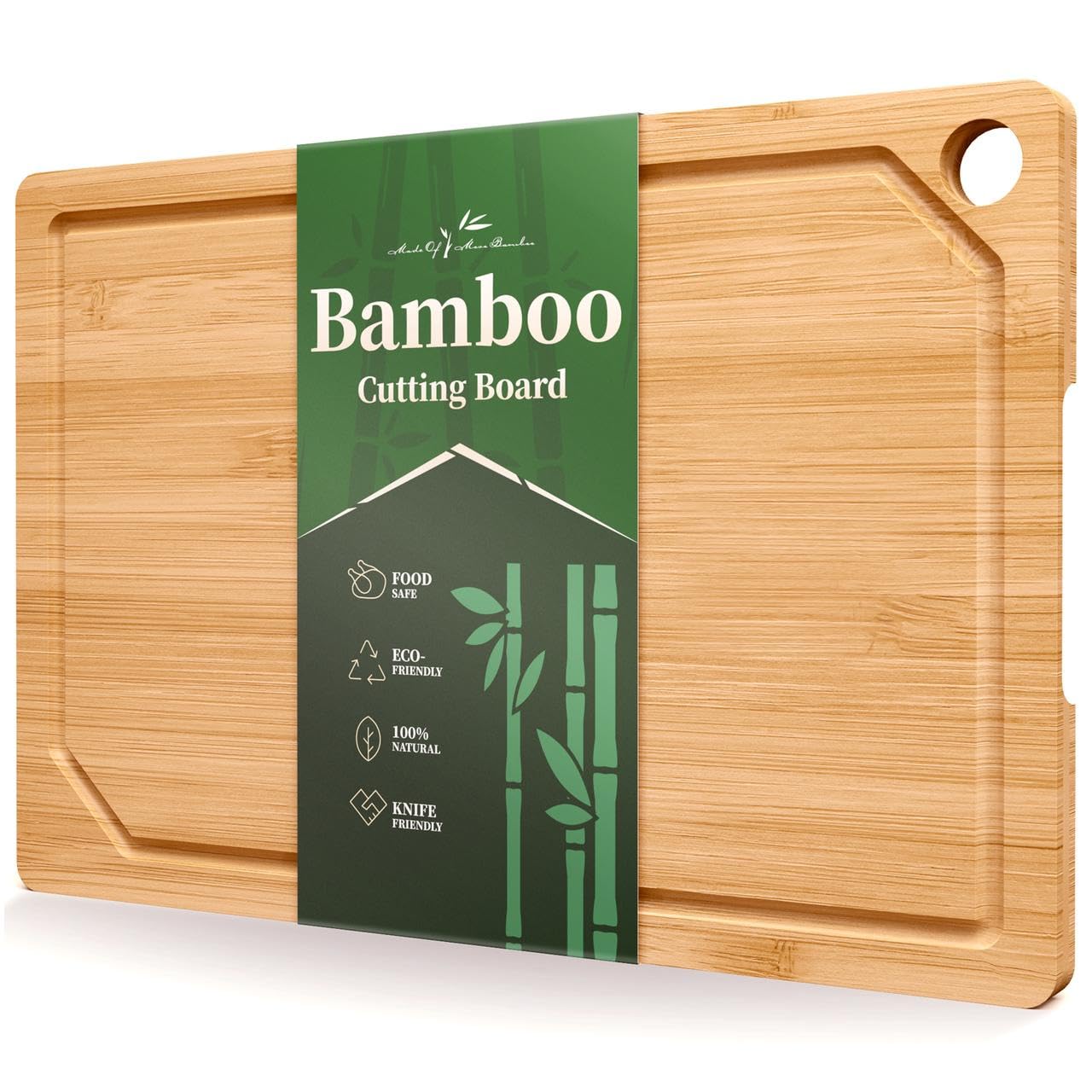 Kitsure Bambus-Schneidebrett – Holzschneidebrett, mit tiefen Saftrillen, zum Schneiden, Hacken & Servieren, groß, natur, 38.0 x 25.5 x 1.2 cm