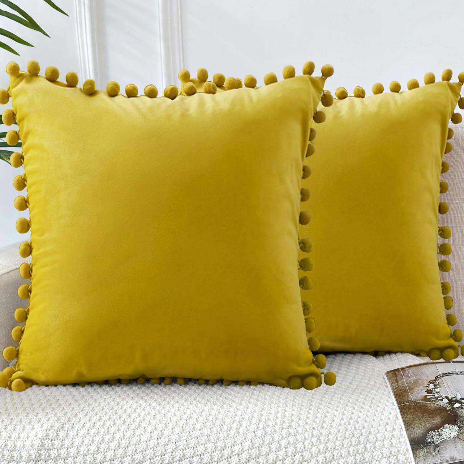 LHKIS Throw Pillow Covers 18x18 Set of 2, Decorative Velvet Farmhouse Pillow Cases Cushion Cover with Pom Poms for Couch Sofa Bedroom, Lemon Yellow