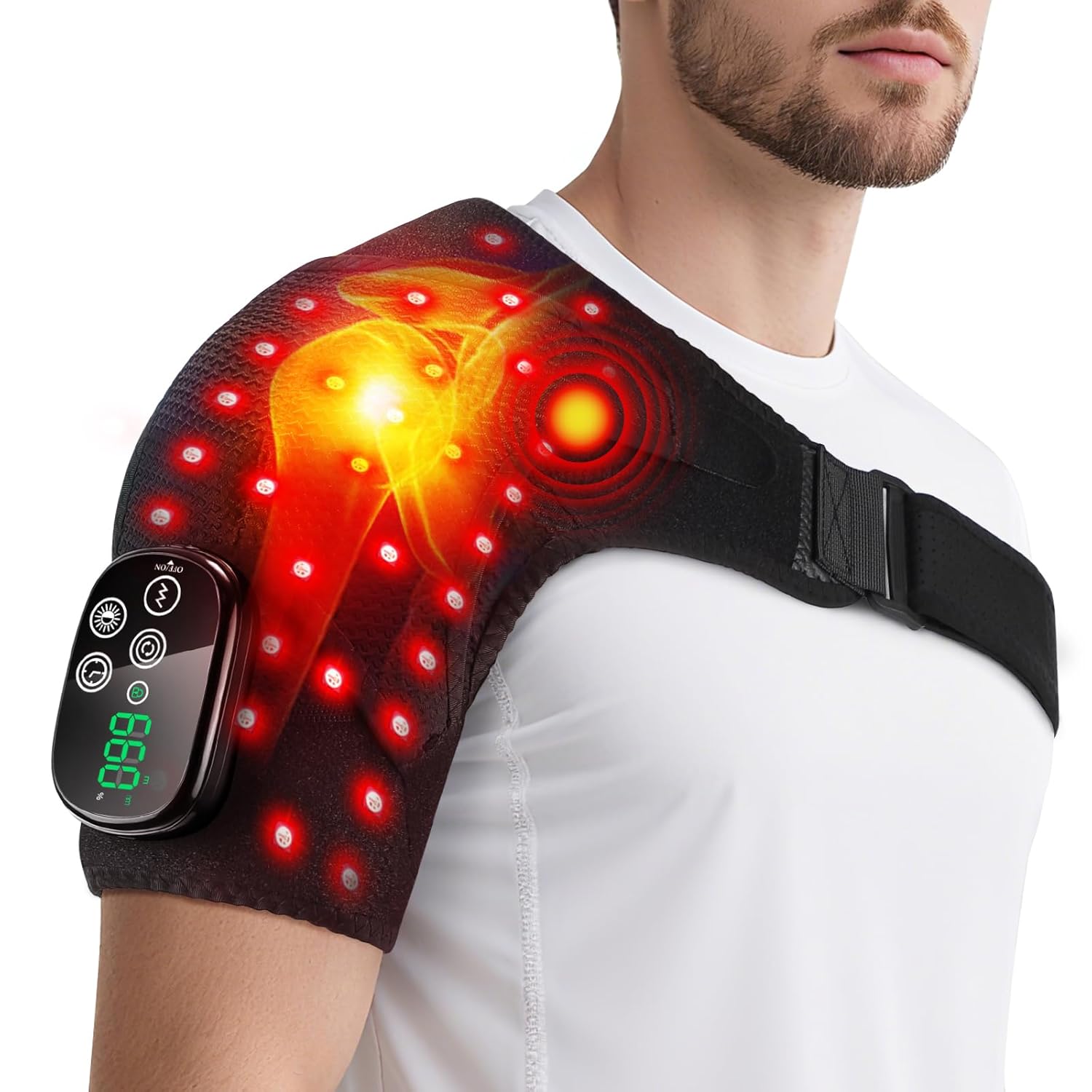 Red Light Therapy for Shoulder with Massage, Cordless 5000mAh Shoulder Brace for Men Women, 50 Dual-Chip 660nm 850nm LEDs, Adjustable Left or Right Wearable Shoulder Wrap with Timer