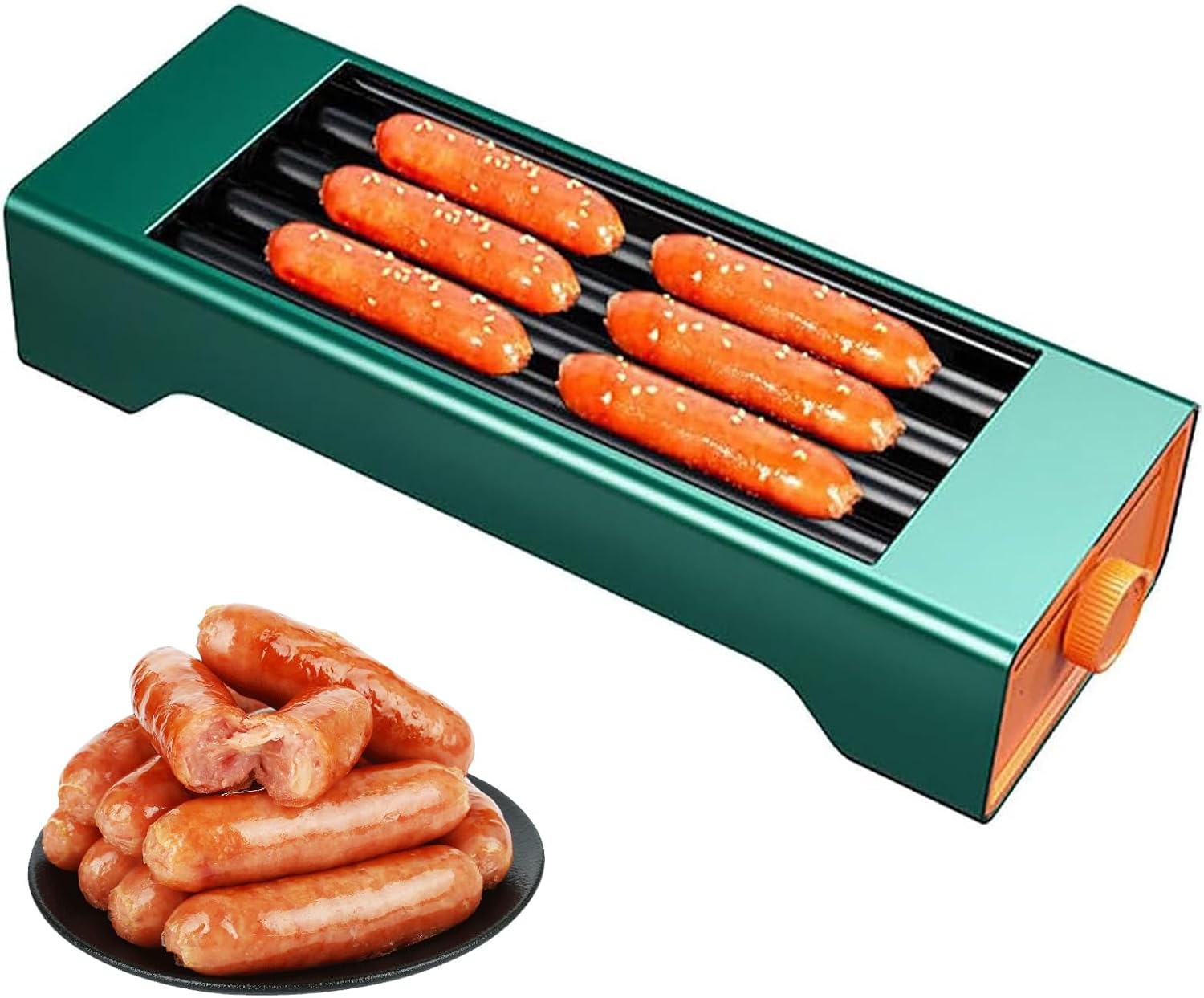 Hot Dog Roller Cooker, Knob-Type Temperature Control, Stainless Steel Construction, Removable Drip Tray, Suitable for Kitchens and Restaurants.