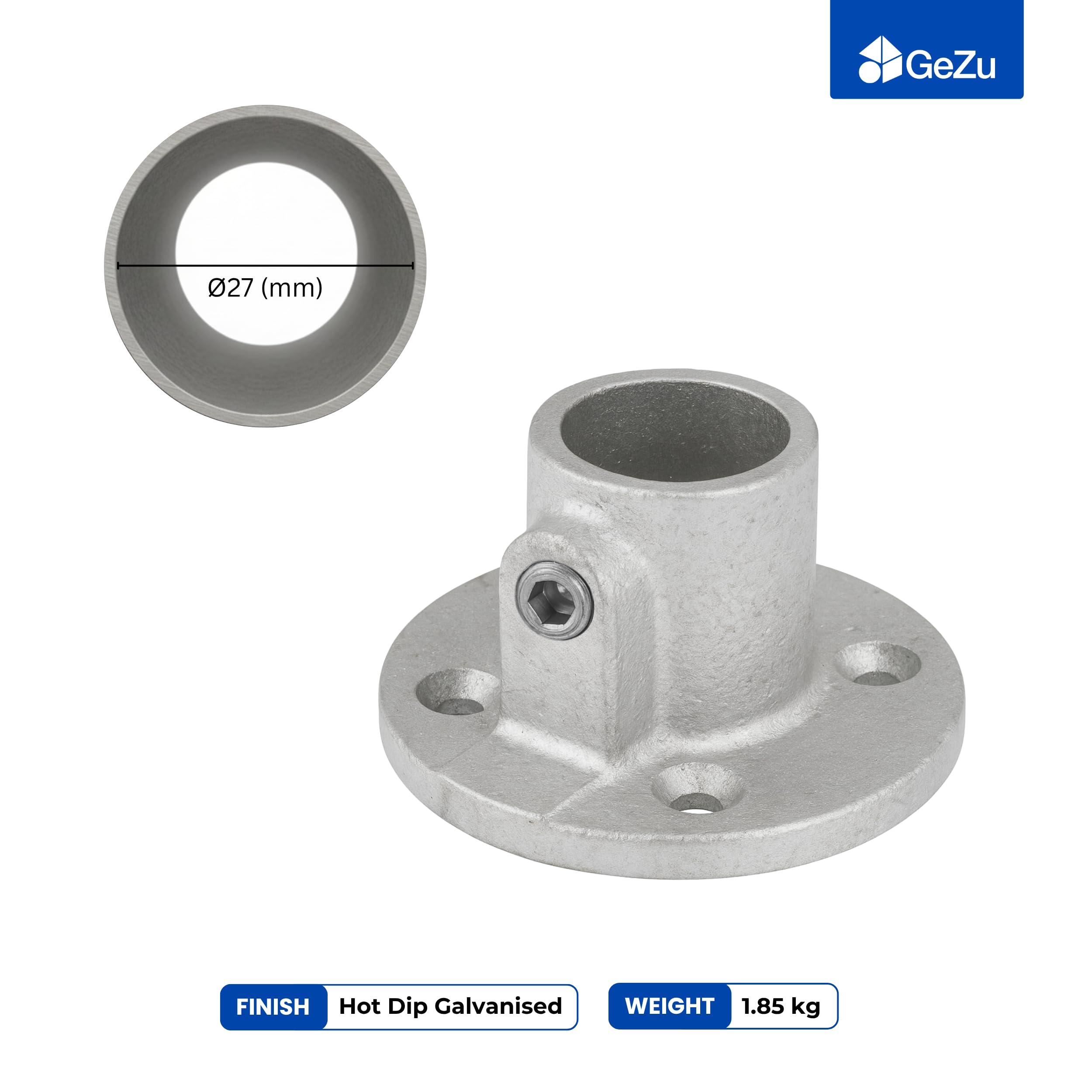 GeZu Impex Abrazadera de Tubo con Placa de Brida Ø 27mm Galvanizada en Caliente Plata Soporte de Base para Barandilla