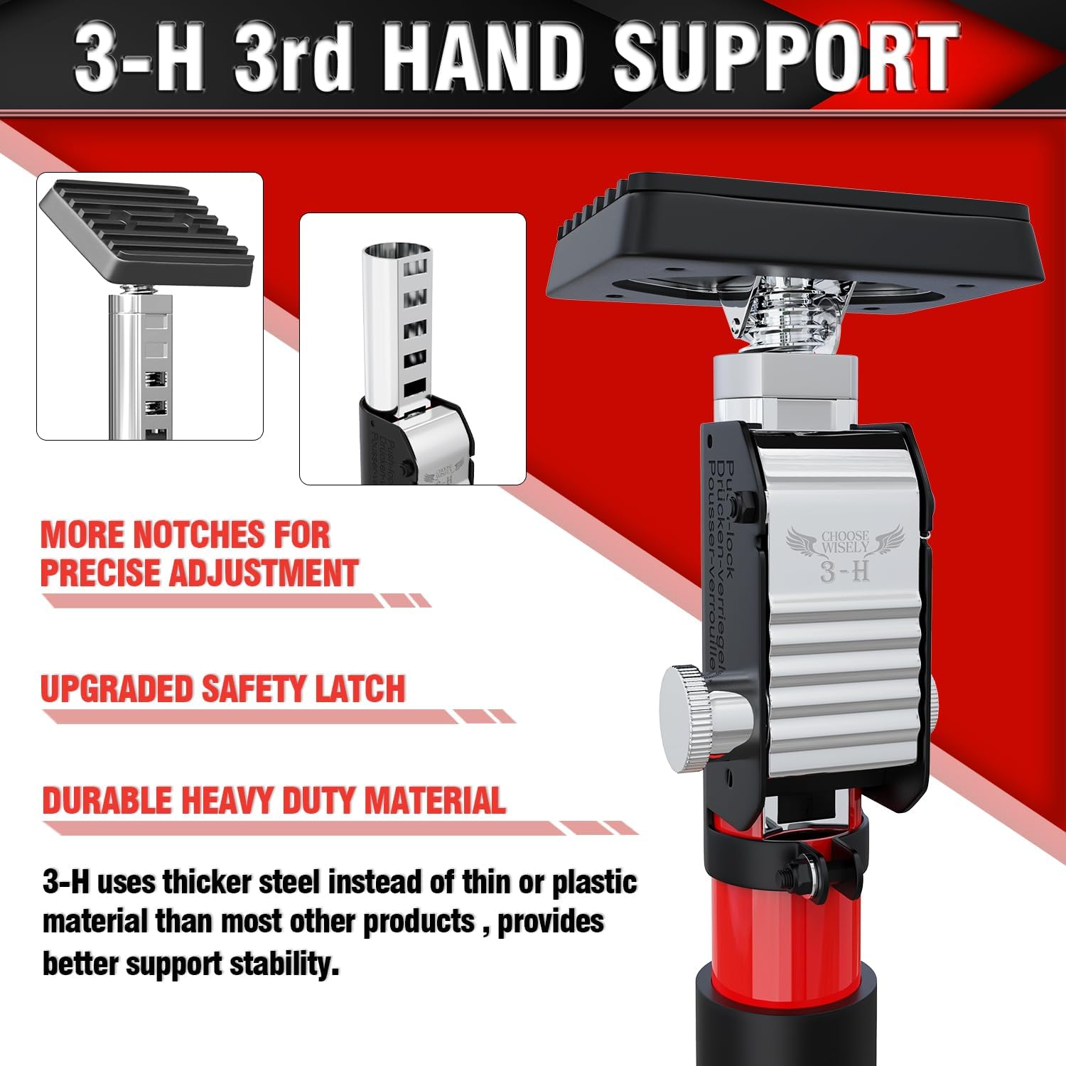 3-H Cabinet Jacks for Installing Cabinets,Thickened All-Steel Adjustable Support Pole, Heavy-Duty Third Hand Tool with Self-Locking Spring Ratchet, Red,15.7"-24.4" 1pc