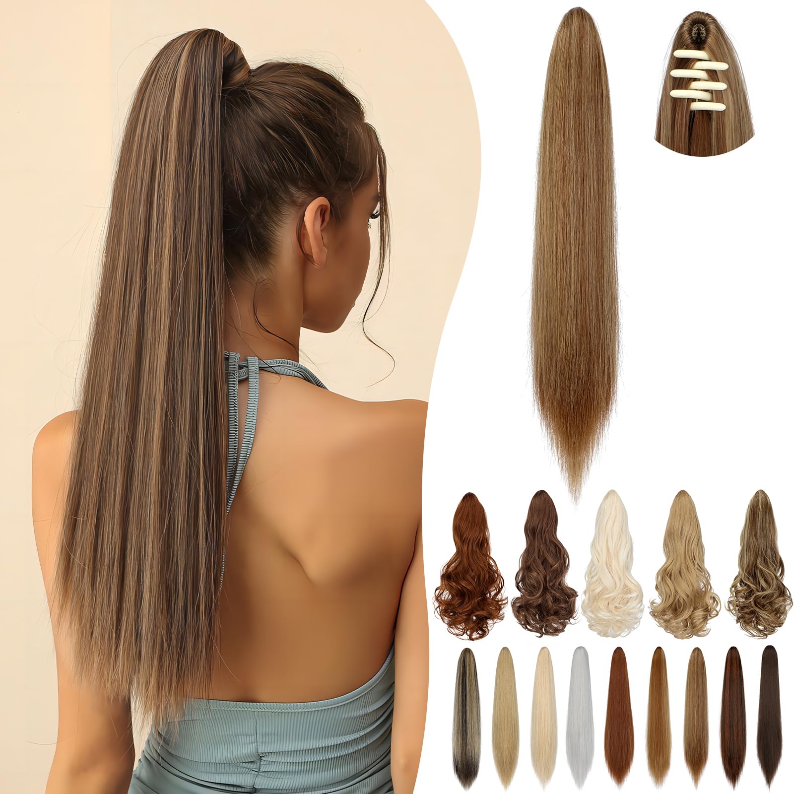 Cephermer Ponytail Extension Claw 18" 20" Long Curly Wavy Straight Clip in Natural Looking Synthetic Hair Extension Ponytail Hairpiece for Women Light