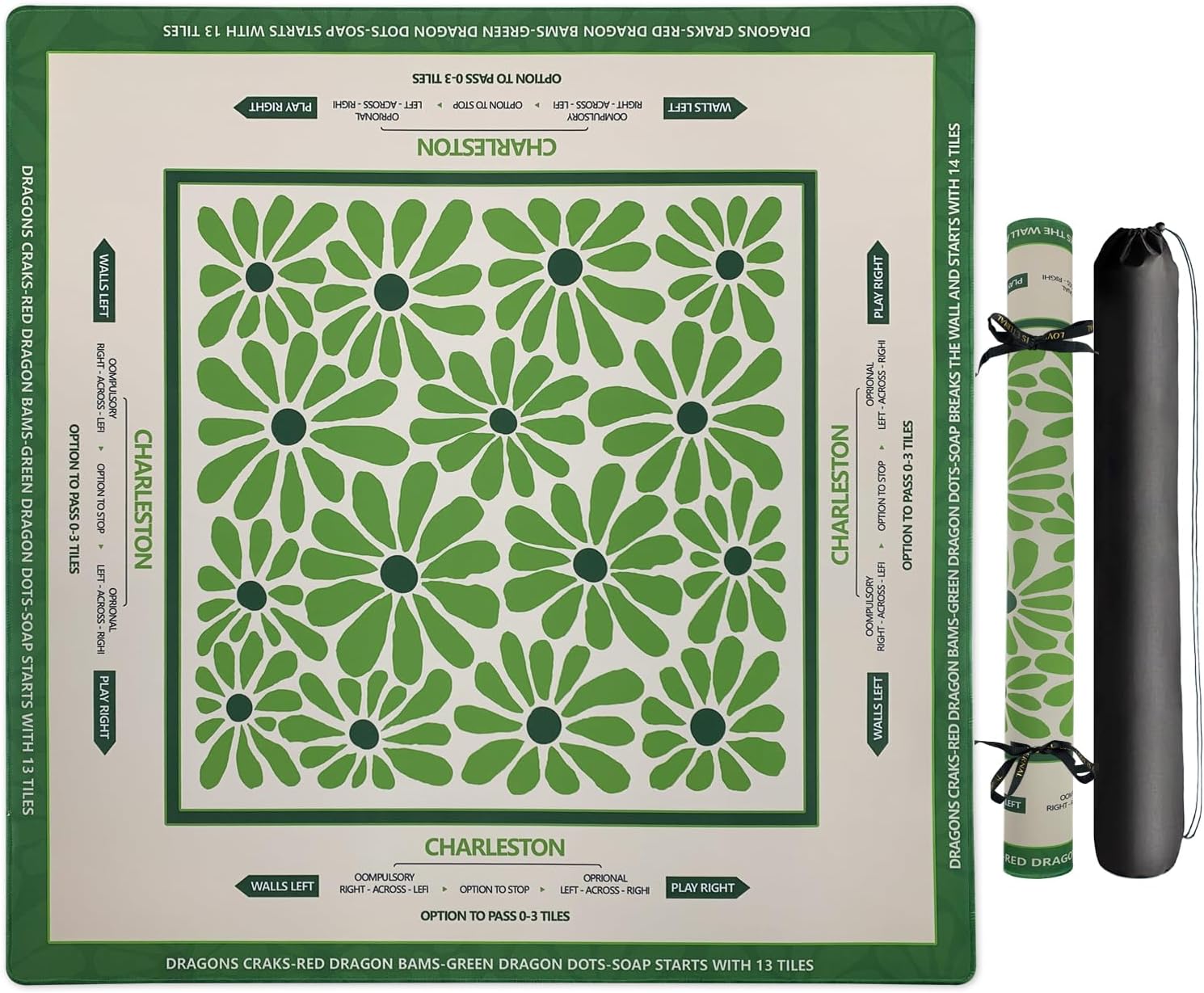 Mahjong Mat for Table, Non-Slip & Quiet Table Cover for American Mahjong, Poker, Card, Board & Tile Games,Includes Portable Tote Bag (31.5x31.5 in Green Flowers)