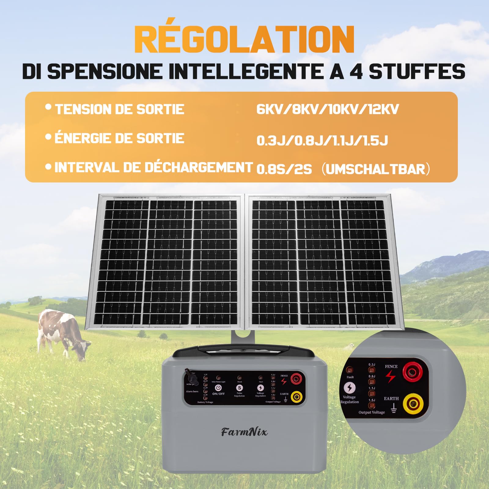 48KM Valla Eléctrica Solar, 0,3 J–1,5 J, 6 KV–12 KV Ajustable Electrificador Cerca Eléctrica Solar