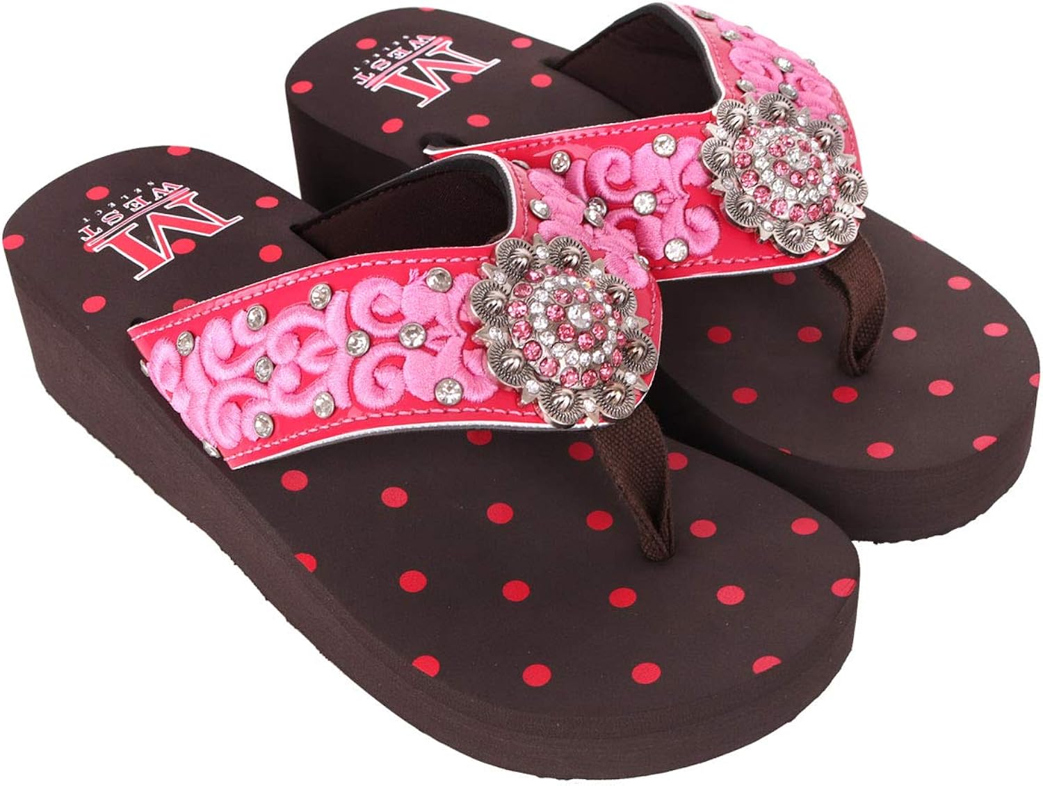 Montana West Flip Flops for women Wedge Flip Flops Western Wedge Sandals Bling Flip Flops Beach Sandals 9 Hot Pink-rhinestone