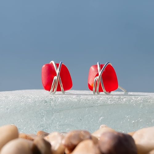 Miniatura 36 de Sea Glass Earrings S990 Sterling Silver Hypoallergenic Handmade Stud Post Earrings Beach Glass Fashion Statement Handcraft Jewelry for Women Girls
