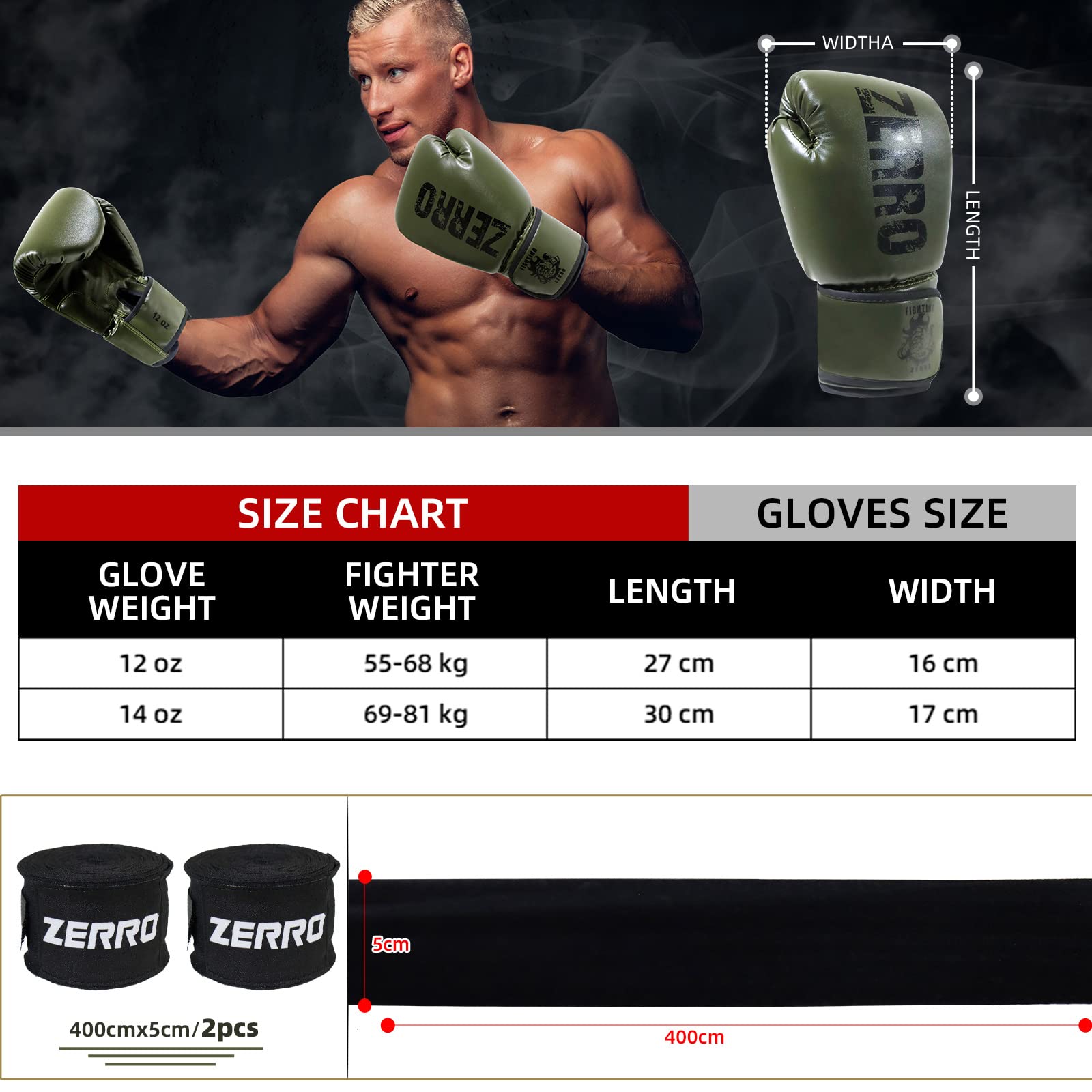 ZERRO Guantoni da Boxe in Pelle PU 12 14oz per Allenamento e Sparring Muay Thai Kickboxing