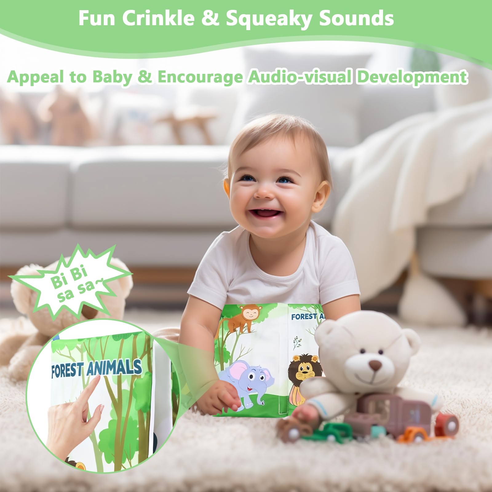 JAONLD Baby Book Cloth Toys Jungle Tails Sensory Book Soft Fabric Crinkle Pram Early Development Interactive Newborn Gifts for 0 3 6 12 Months Boys Girls - Image 4