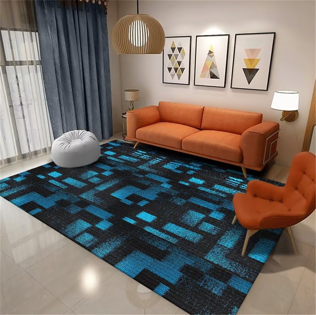 Moquette intérieure salon bleu géométrique et tapis durable