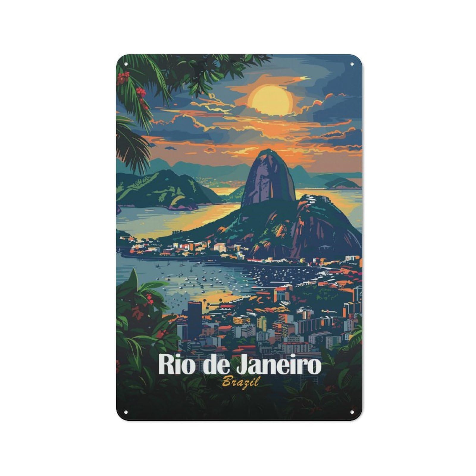 Junmoney Style-12 Rio De Janeiro Sunset Printed Metal Sign 30X20cm For Pub Or Café, For Everyday Room Decor With A Retro Look