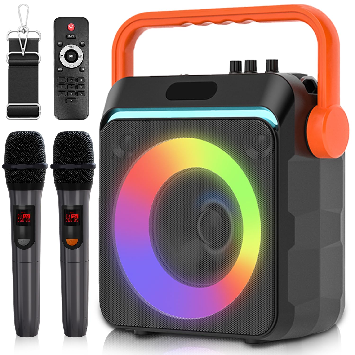VTSGNPortable Bluetooth Karaoke Machine for Adults – PA System with 2 Wireless Microphones, Disco Lights, Perfect for Outdoor Parties & Family Gatherings (Orange C1)