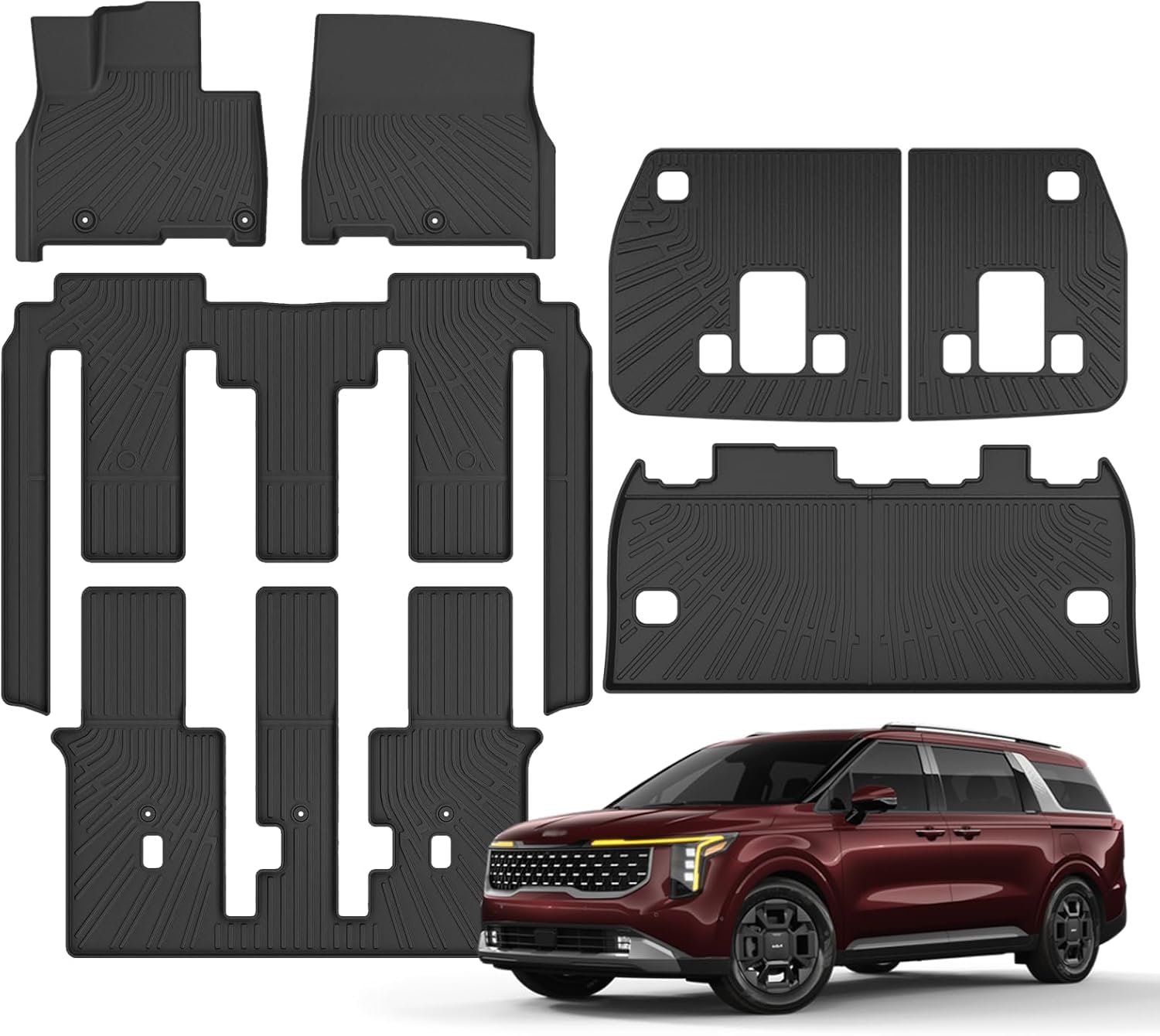 Floor Mats & Cargo Liner & Backrest Mat for Kia Carnival MPV 8 Seats 2022 2023 2024 2025 (Not for Hybrid & Prestige Models) (Not for 2025 EX) (Fits LX w/seat Package, EX and SX) All Weather TPE Liners