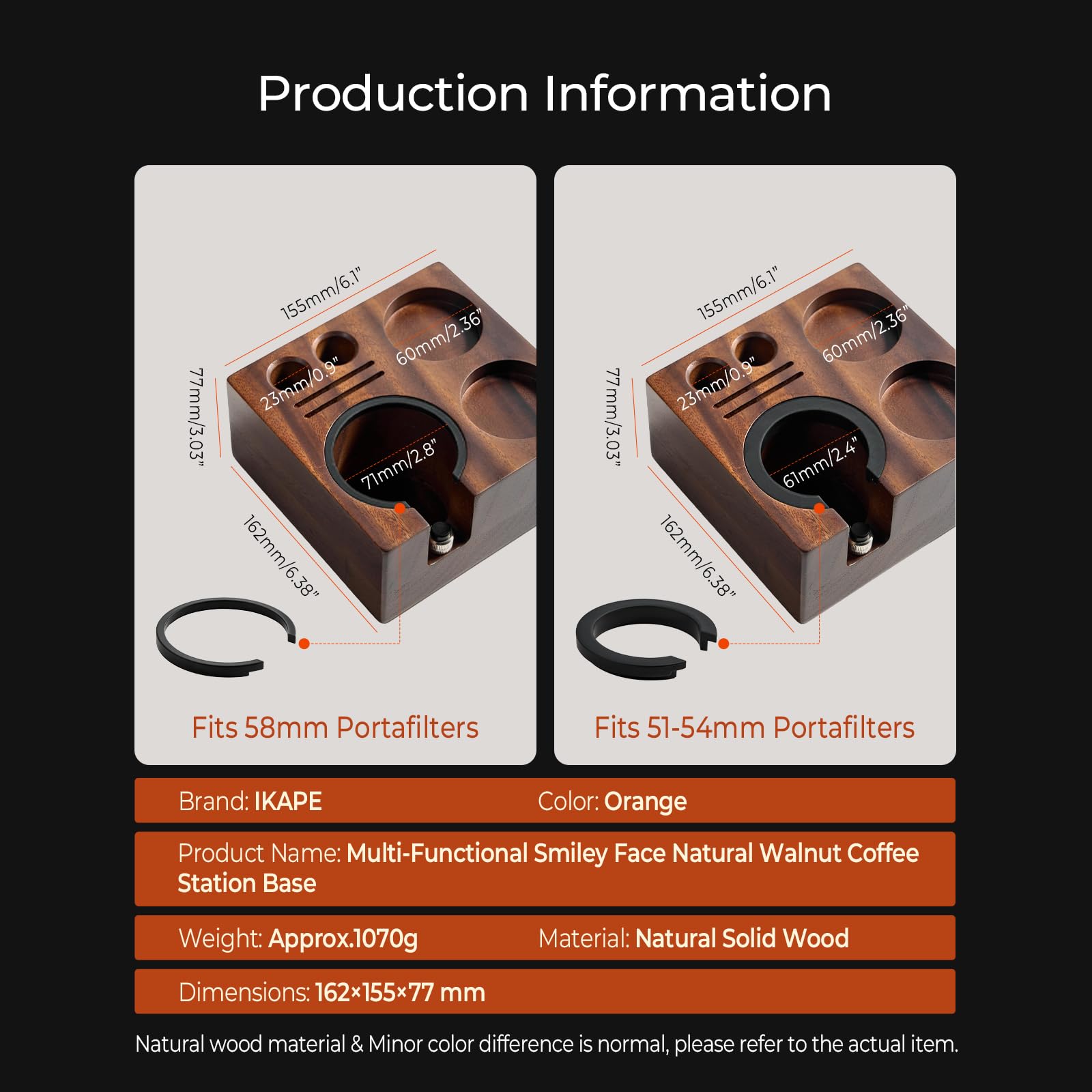 IKAPE Support de tampon à expresso 51/54/58 mm, base en bois, support de tampon en noyer naturel pour accessoires expresso de 51/54/58 mm, hauteur réglable (7 en un)