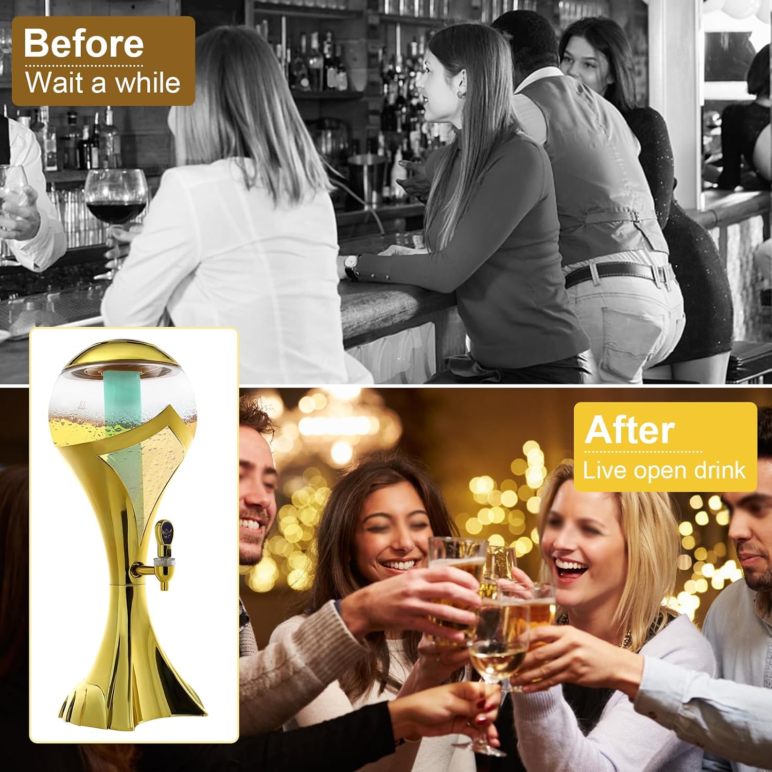 Drink Tower Dispenser, Beer Tower with Ice Tube and LED lights 100oz/3L Drink Dispenser, Tall Drink Dispenser for Drinks, Iced Tea, Alcohol, Lemonade(Golden)