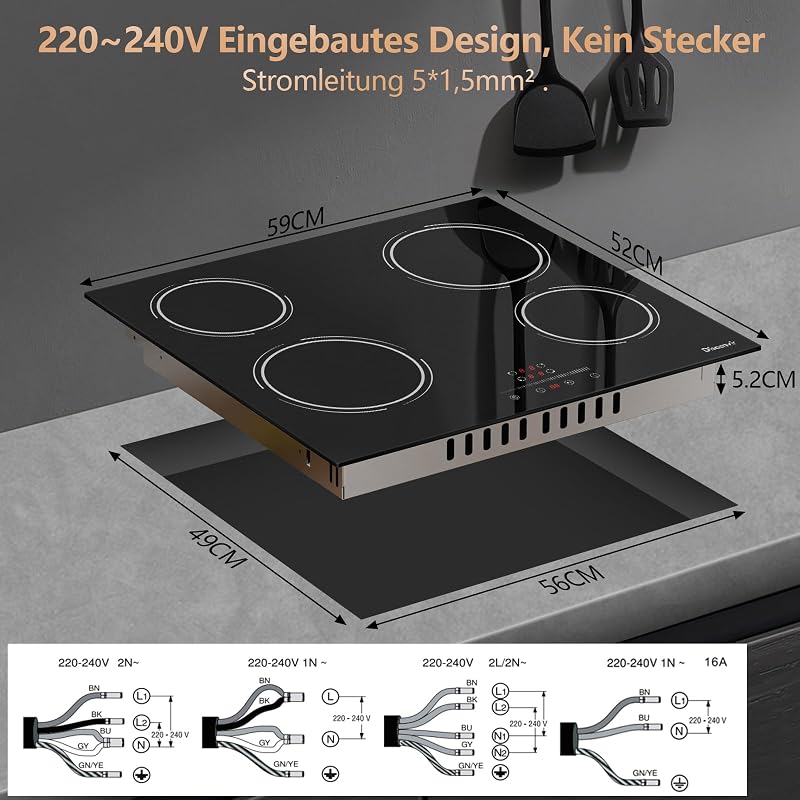 Disaenvir 4 égőfejes üvegkerámia főzőlap 6000W, 60cm, 9 fokozat, időzítő