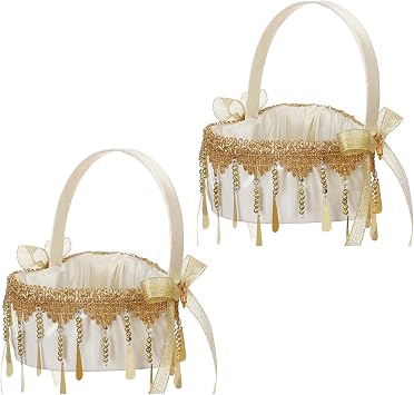 2 PCS Lace Wedding Flower Basket,Heart Shaped Decorative Floral Basket,Candy Holder Gift Basket,Lace Throw Flower Basket,Wedding Storage Basket,Portable Wedding Flower BasketGold
