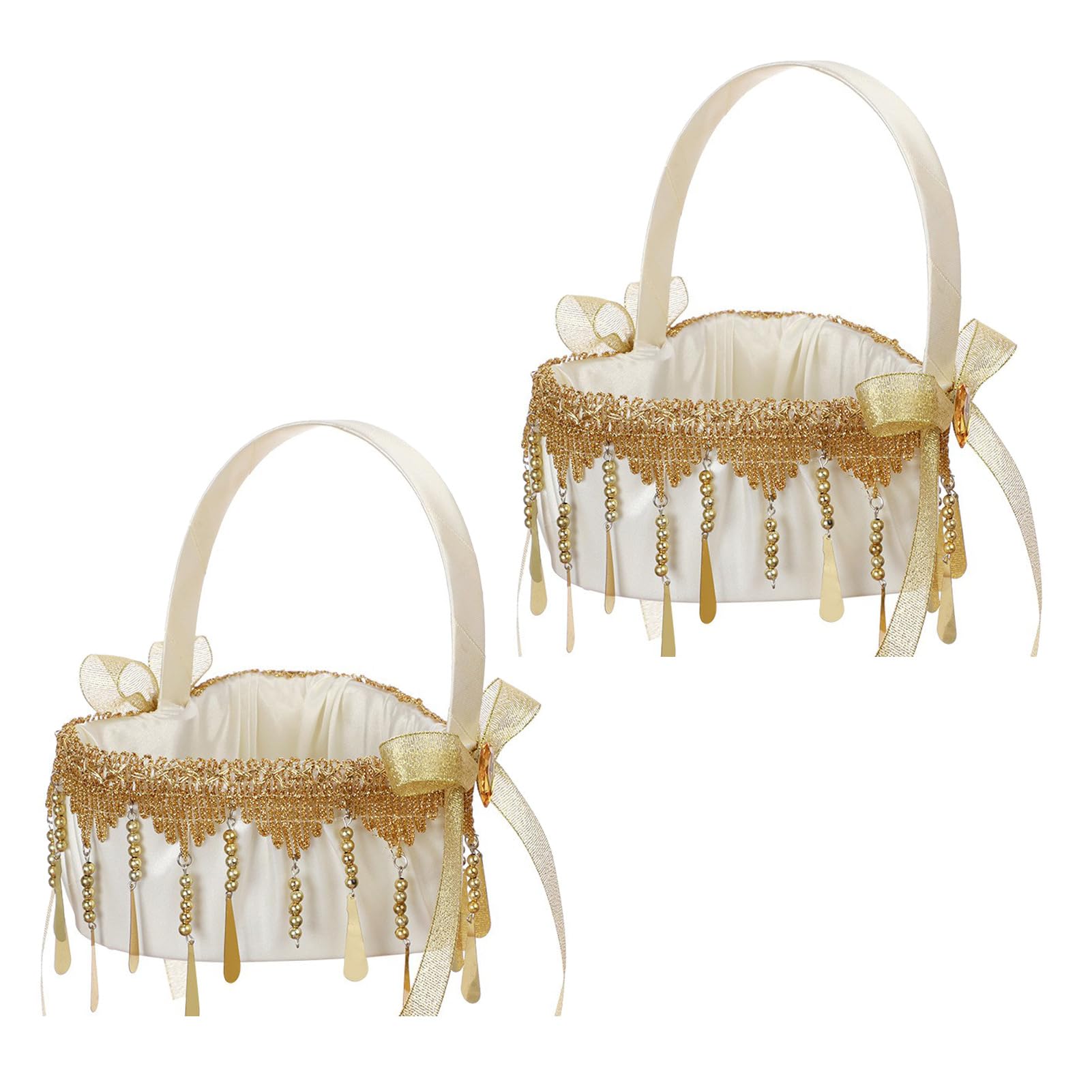 Firlar 2Pcs Wedding Flower Girl Basket Heart Shape,Flower Basket with Handle Lace Rhinestone Bride Flower Basket with Bowknots and Tassel for Engagement Party Ceremony Decoration(Gold)