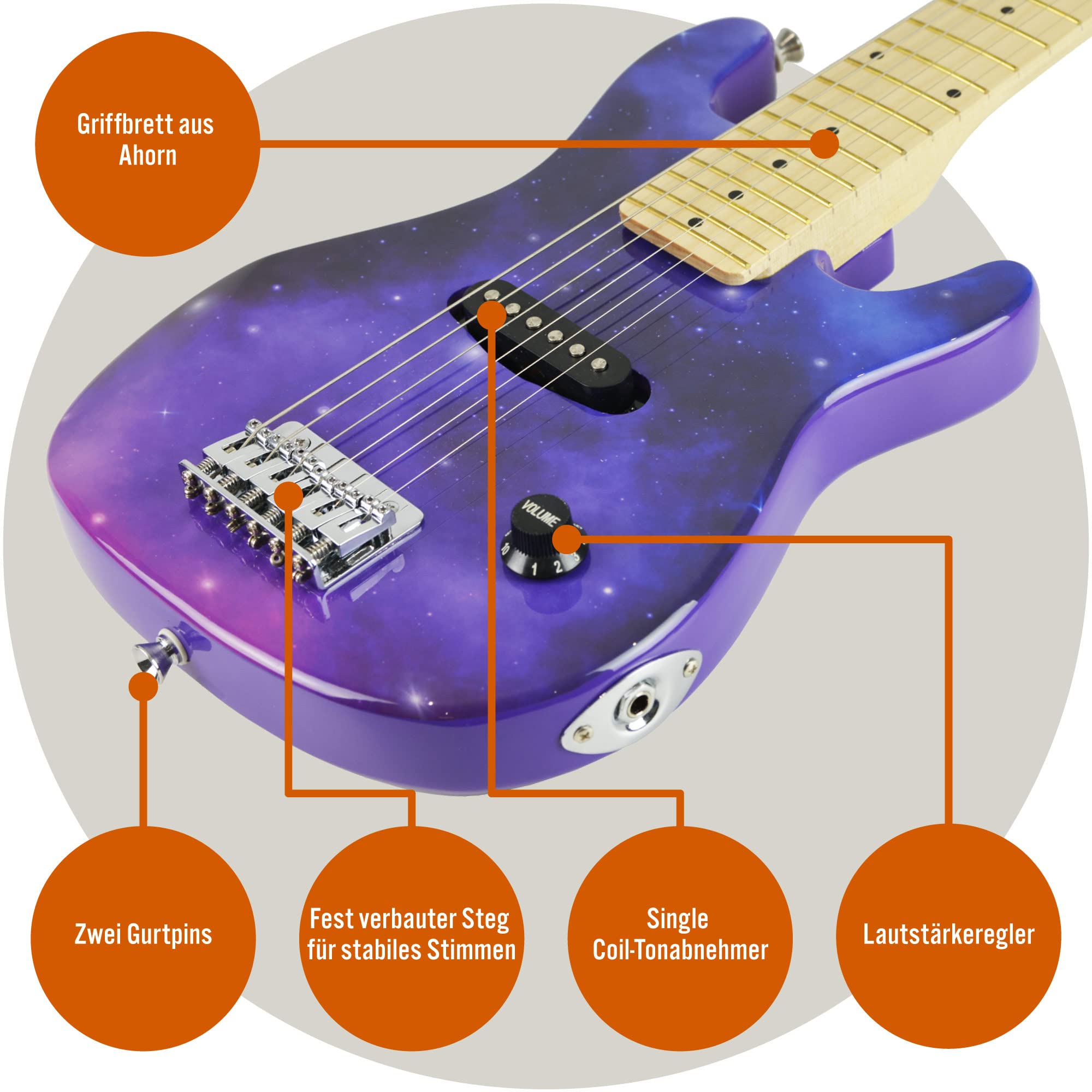 3rd Avenue E-Gitarrenset für Kinder in 1/4-Größe, Junior-Gitarre für Anfänger – mit tragbarem Verstärker mit 5 W, Kabel, Tasche, Plektren und Gurt – in Lila Galaxie