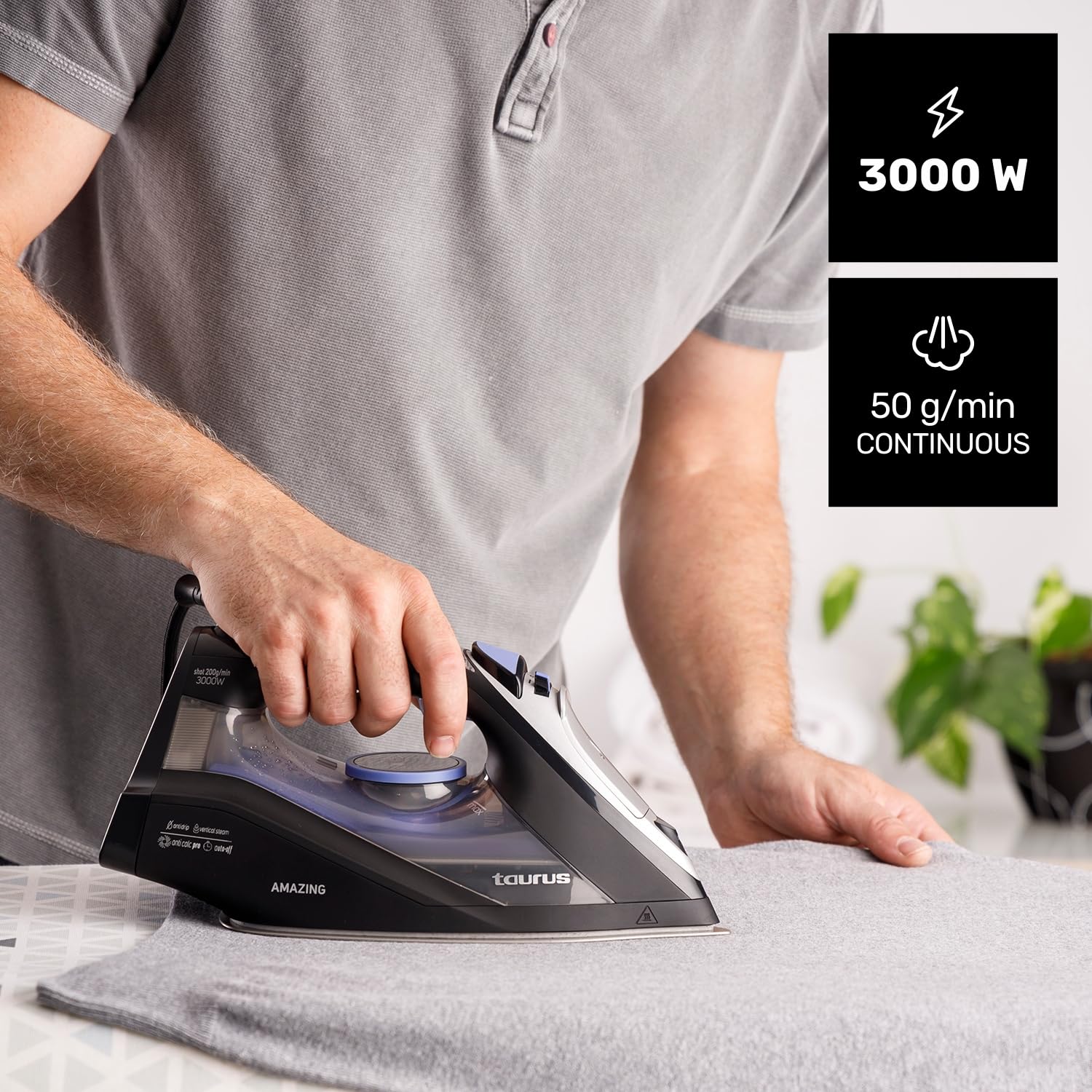 Taurus Amazing - Plancha de Vapor 3000W, Golpe Vapor 200g, Suela Anodizada
