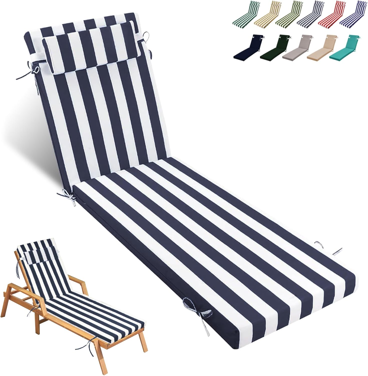 Chaise Lounge Cushions Outdoor, 72" x 21" x 3" Waterproof Memory Foam, Fade-Resistant & Reversible Patio Lounger Cushion Set for Patio & Pool (1, Striped Navy & White, 72x21x3.14in)