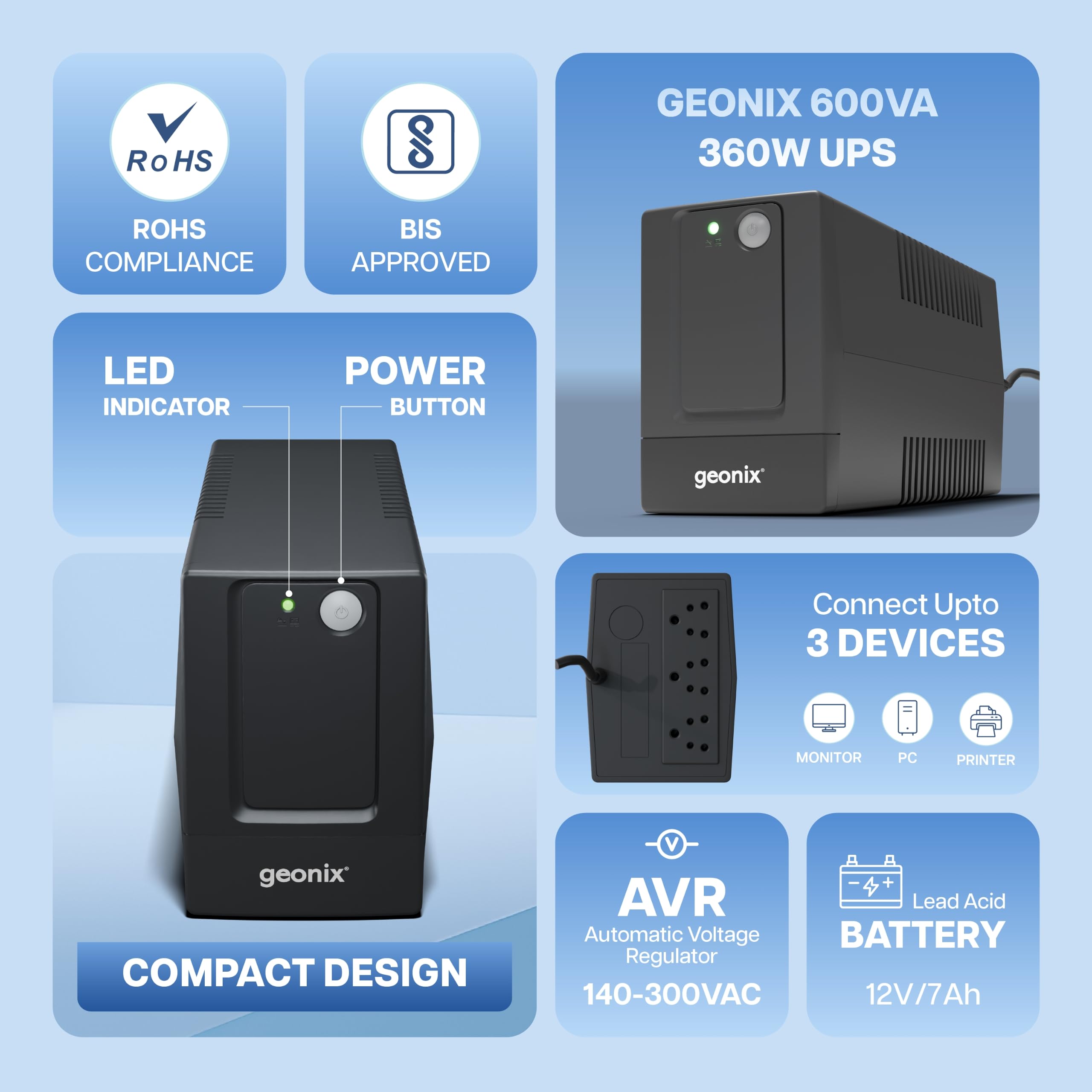 Geonix UPS 600VA/360W Line Interactive UPS with Voltage Regulator, Auto Restart & Cold Start, Power Backup for Home Office & Desktop PC, BIS Approved, 2 Years Warranty, Black — Amazon image 2
