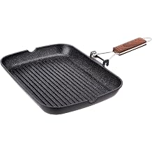 WECOOK! Ecochef Grill Induction Grill Stripes 34 x 24 cm, Non-Stick Quantanium Eco-Friendly PFOA-Free, Cast Aluminium, 5 mm Thickness, Folding Wood Handle, Suitable for All Cookers, Gas