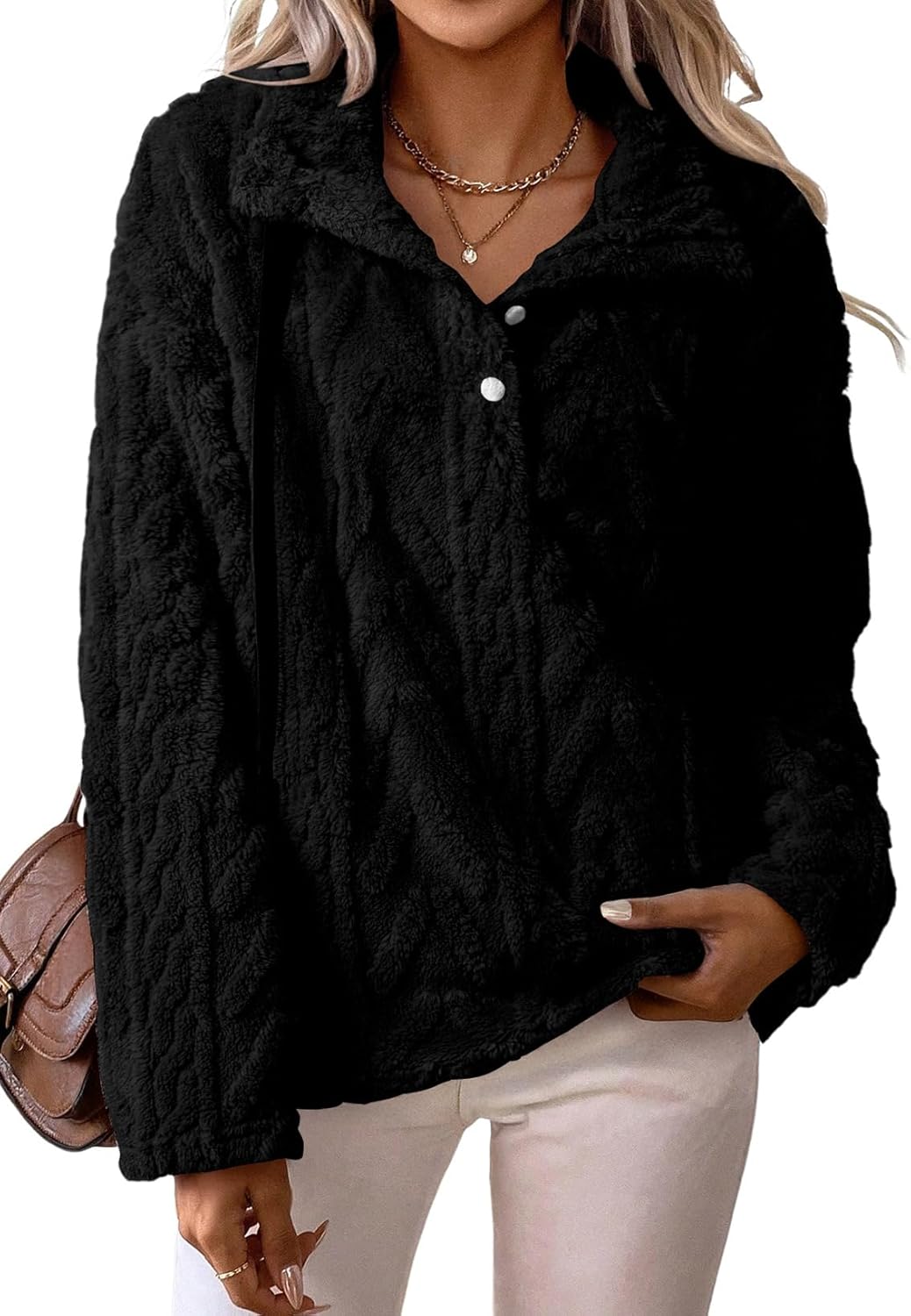 BLENCOT Womens Casual Button Down Collar Pullover Fleece Sweatshirt Long Sleeve Tops Warm Sherpa Coat Jacket Pockets - Image 2