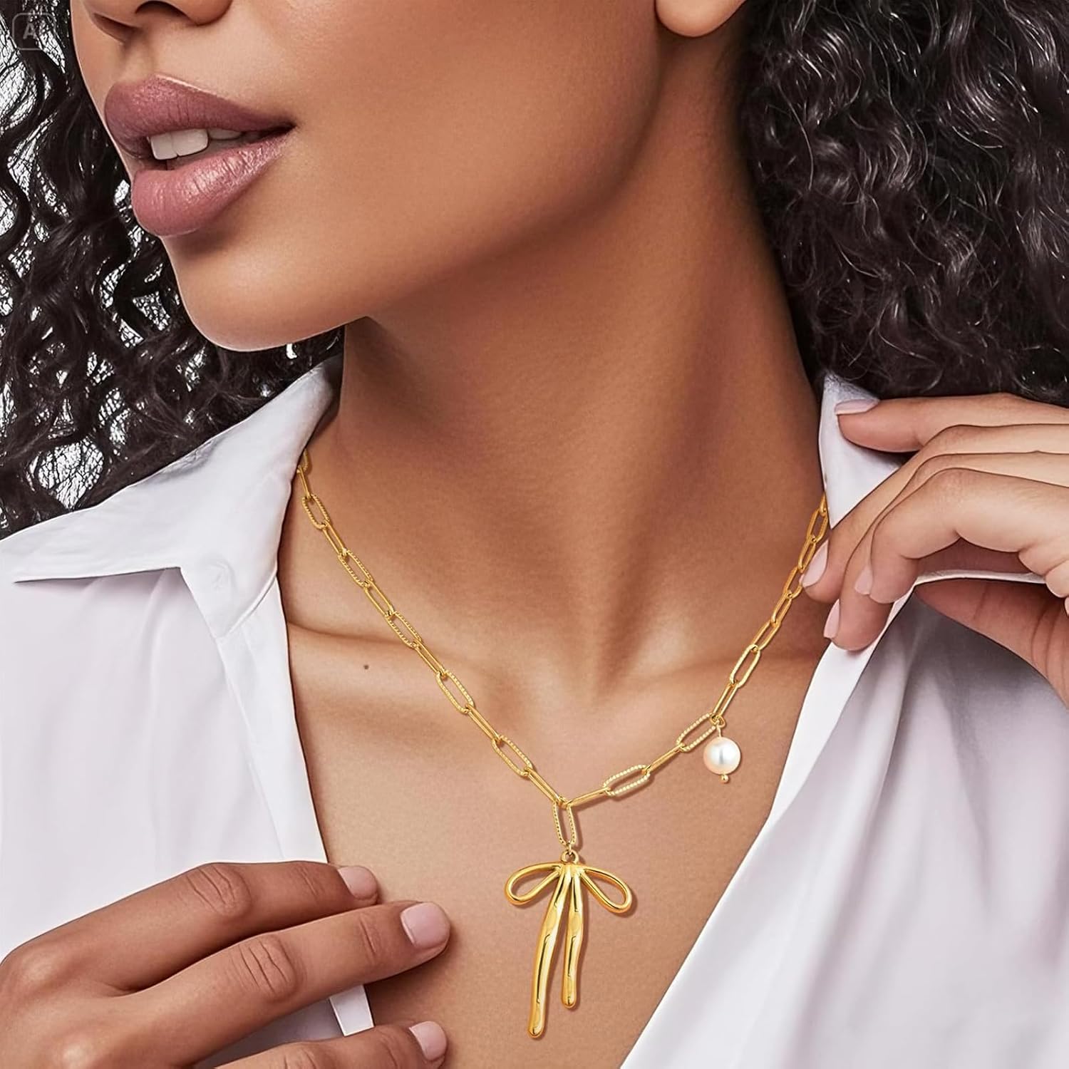 Gold Bow Necklace for Women Pearl Bow Pendant Necklace Dainty Ribbon Bowknot Paperclip Chain Necklace Christmas Party Jewelry Gifts - Image 3