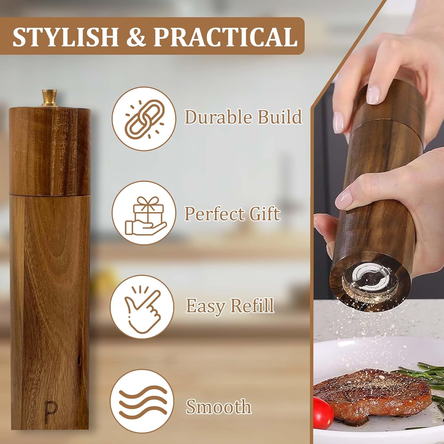 Wooden Salt And Pepper Grinder Set - 8″ Acacia Mills, Adjustable Ceramic Core, Refillable Wood Salt and Pepper Shakers With Tray, Spoon & Brush