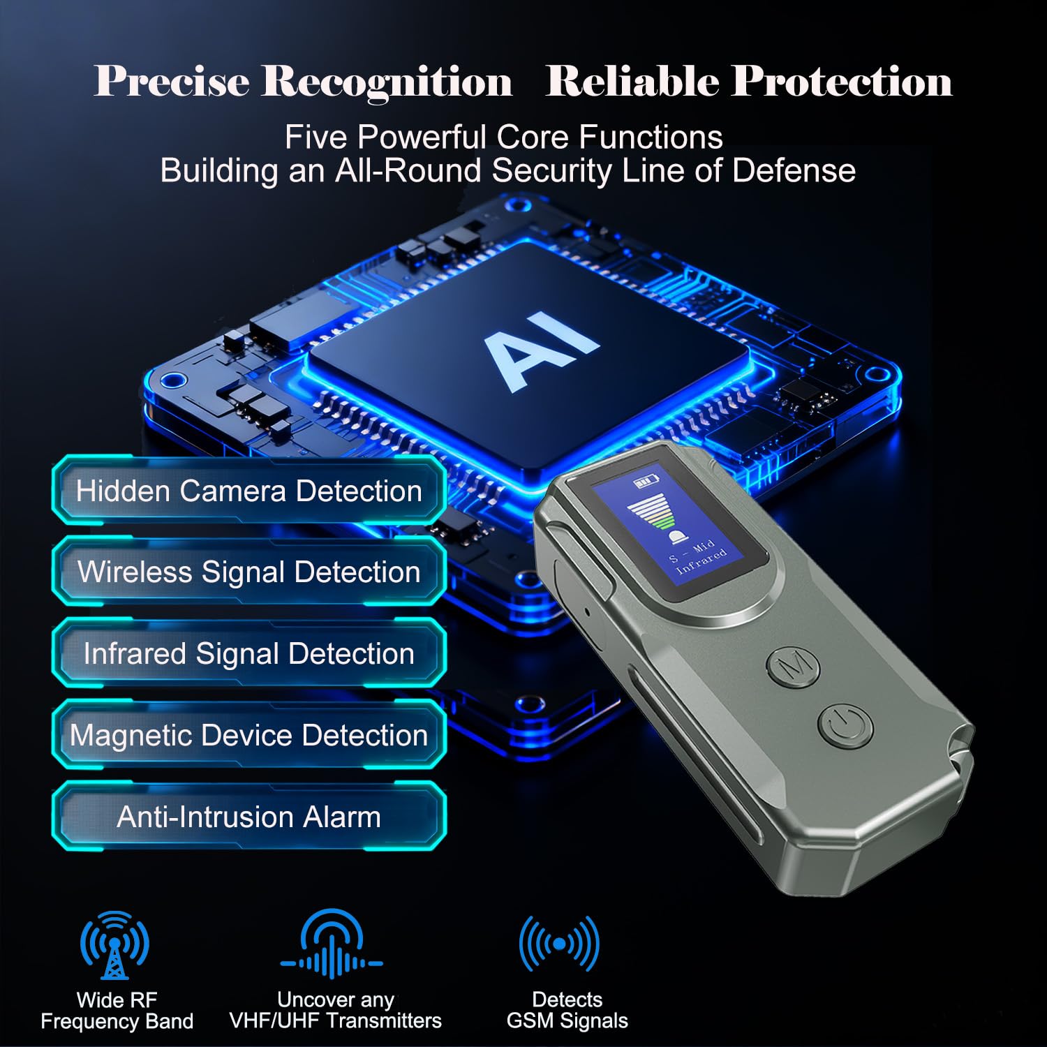 Next-Gen Versteckte Kamera-Detektoren, mit HD-Display, Smart Anti-Spionage-Gerät, GPS-Tracker-Detektor, Tragbarer kabellos/RF-Signalscanner für Hotels, Reisen, Zuhause & Büro (Metallic Grau)