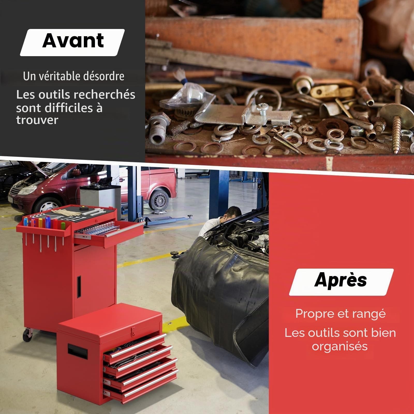 FANTASK Servante à Outils 2 en 1 sur Roues verrouillable avec Crochets, 8 Compartiments, Valise et étagère réglable, sans Outils, Chariot d'atelier Professionnel en métal, capacité de Charge 100 kg