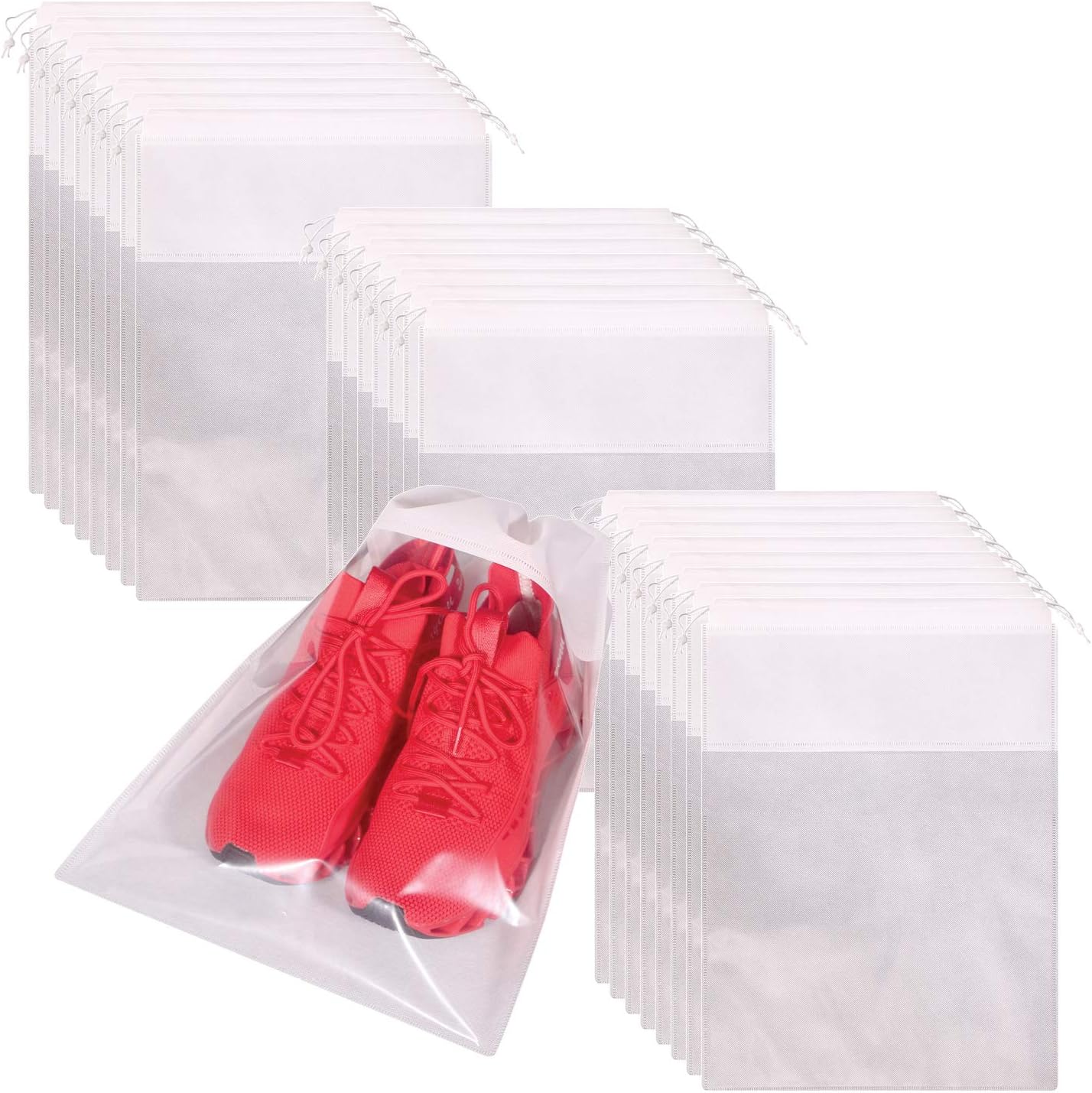TENABORT24 Pack Portable Shoe Bags for Travel Large Shoes Pouch Storage Organizer Clear Window with Drawstring for Men and Women White