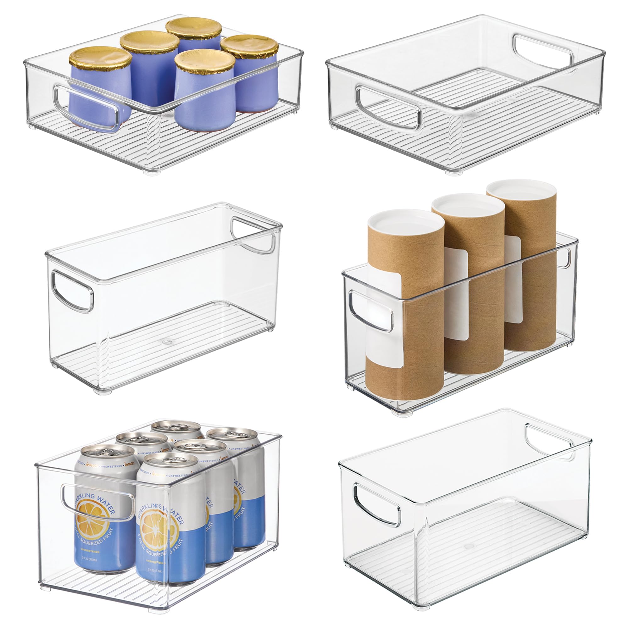 iDesign 6-Piece Recycled Plastic Small Stackable Kitchen Organiser Bin with Integrated Handles for Kitchen, Fridge, Freezer, Pantry and Cabinet Organisation, Various Sizes, Clear