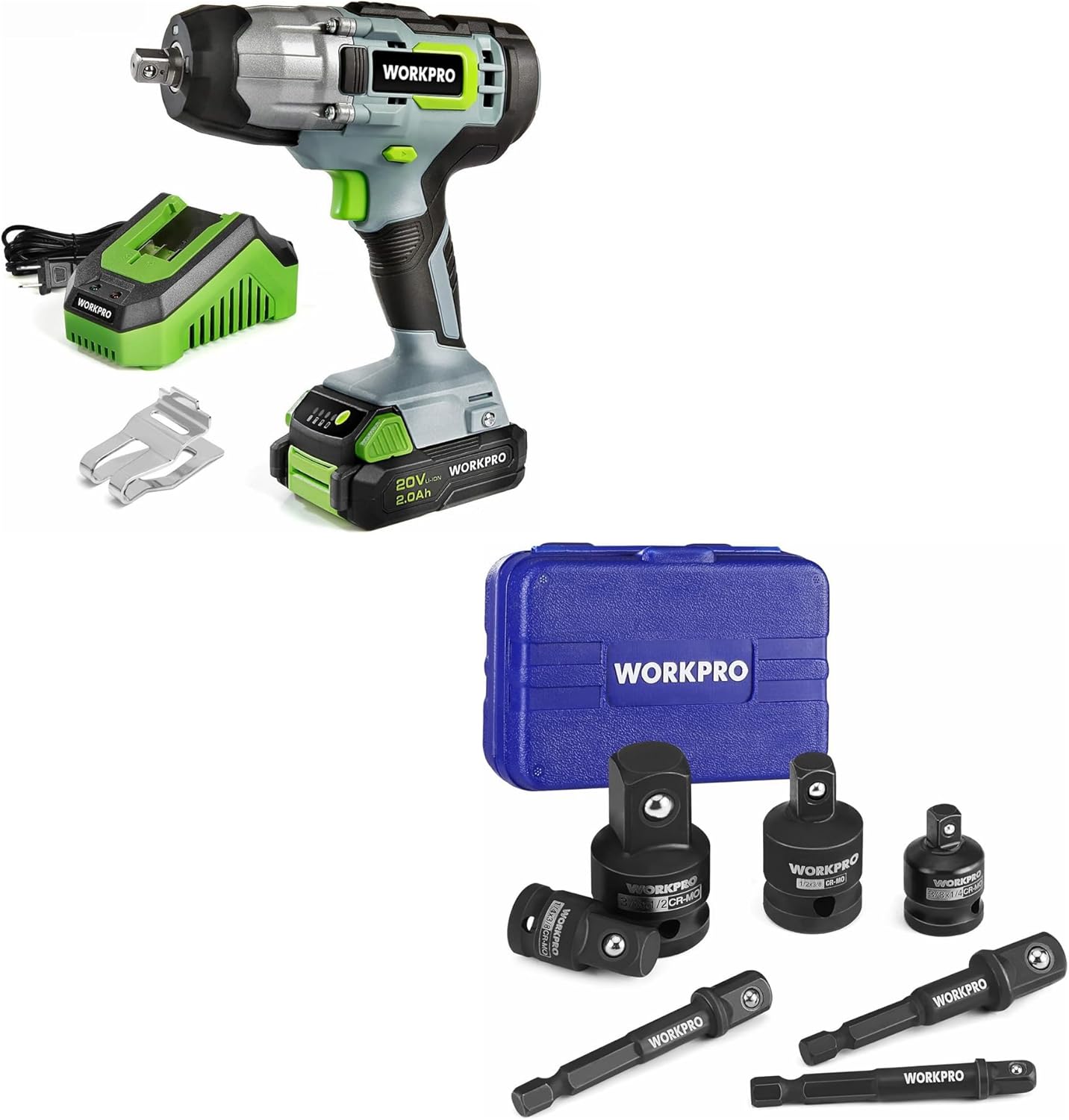 WORKPRO 20V Cordless Impact Wrench and 7 Pieces Impact Socket Adapter Set with Case