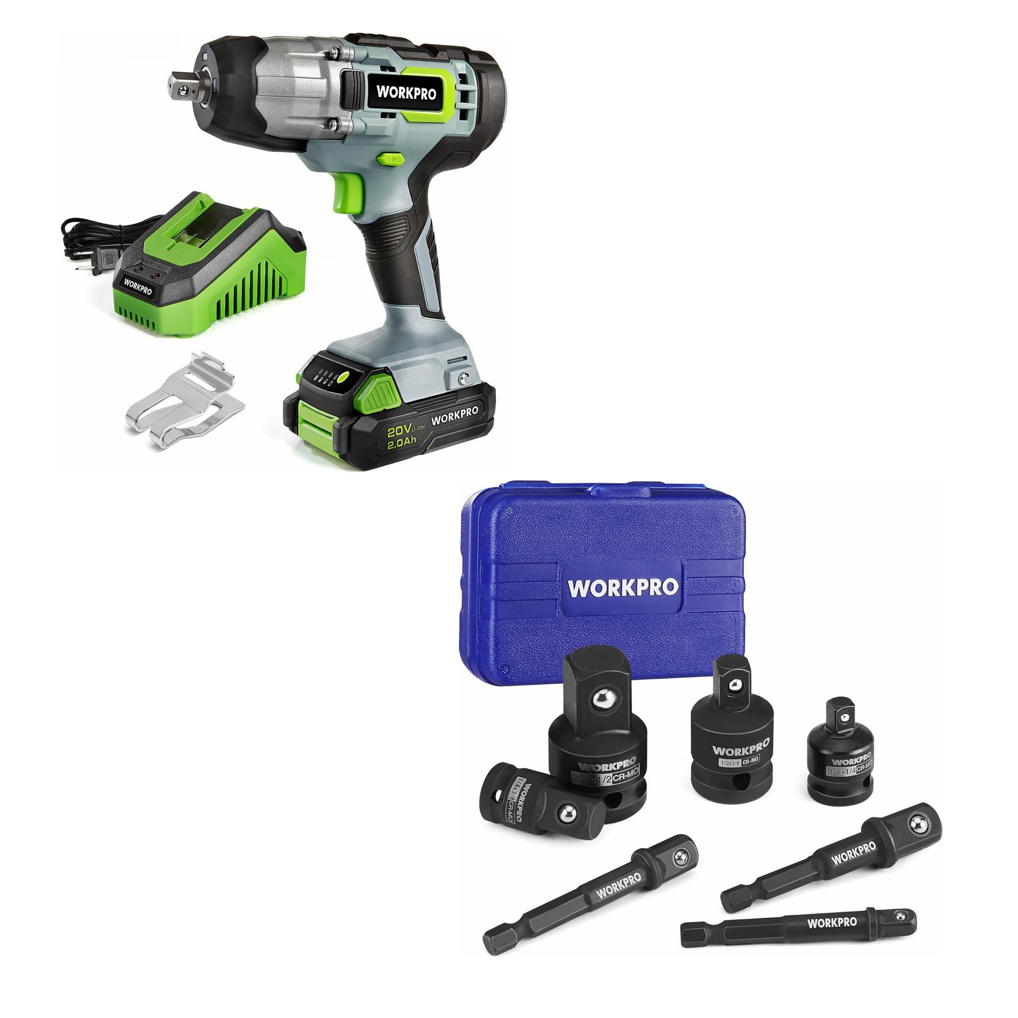 WORKPRO20V Cordless Impact Wrench and 7 Pieces Impact Socket Adapter Set with Case