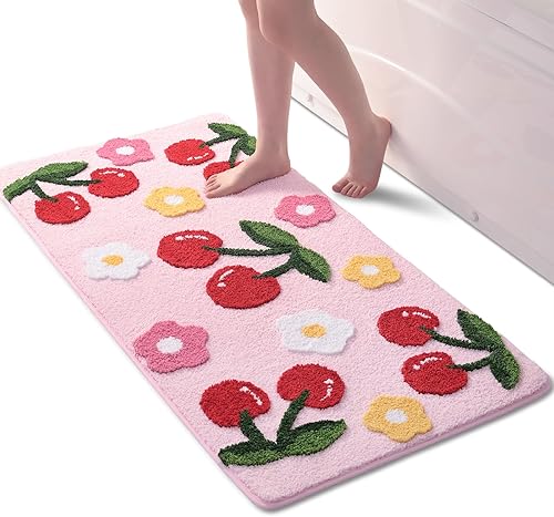 Miniatura 13 de Anybar Alfombras de Baño Rosas Lindas Alfombra de Baño de Cerezas Accesorios de Baño Coloridos, Alfombra de Flores Divertida Antideslizante Alfombra