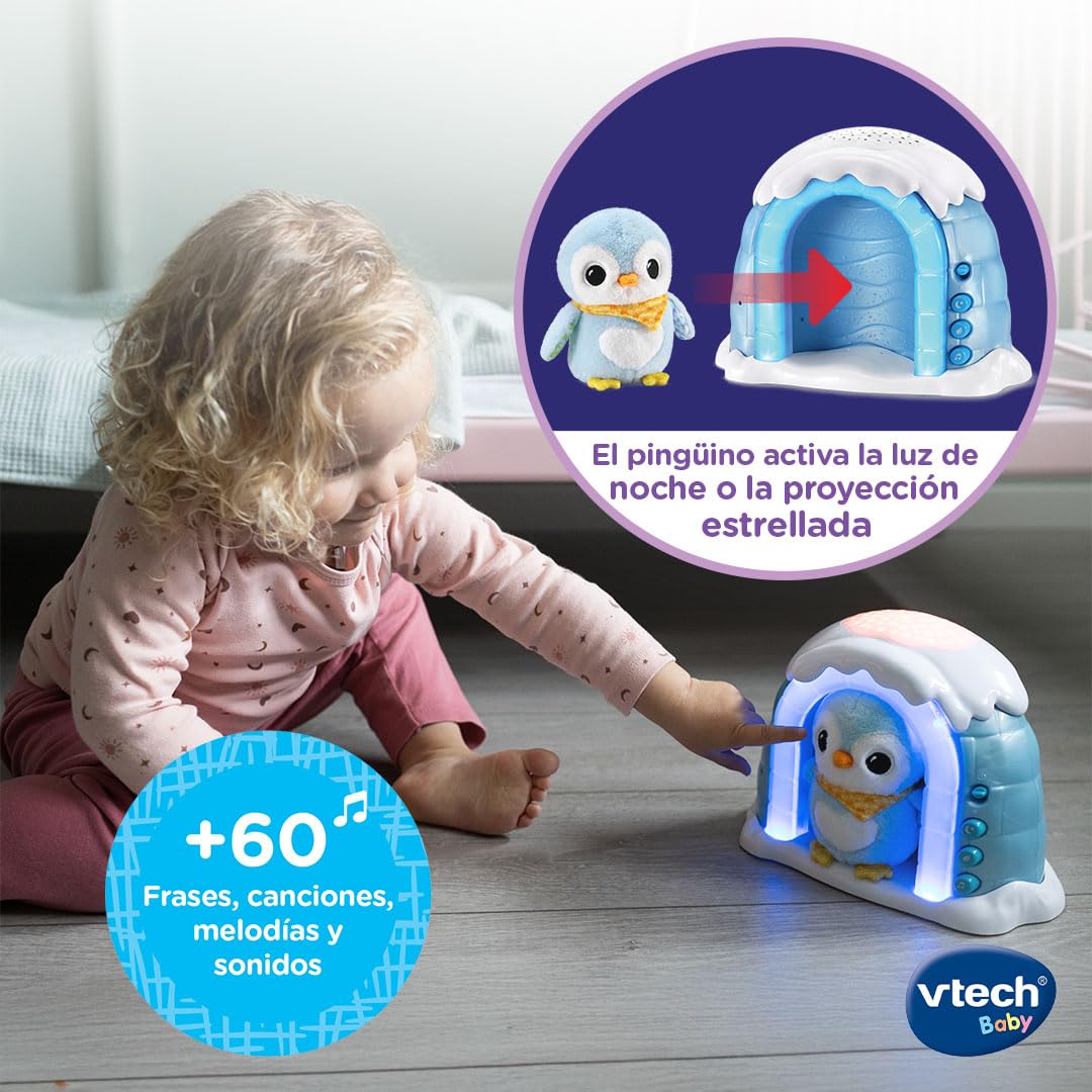 VTech-Baby Iglú Proyector Peluchito Pingüino, Juguete bebés recién Nacidos, Proyector Musical con Luces y Cielo Estrellado, Peluche Interactivo, Nanas y Sonidos Naturaleza, Versión ESP