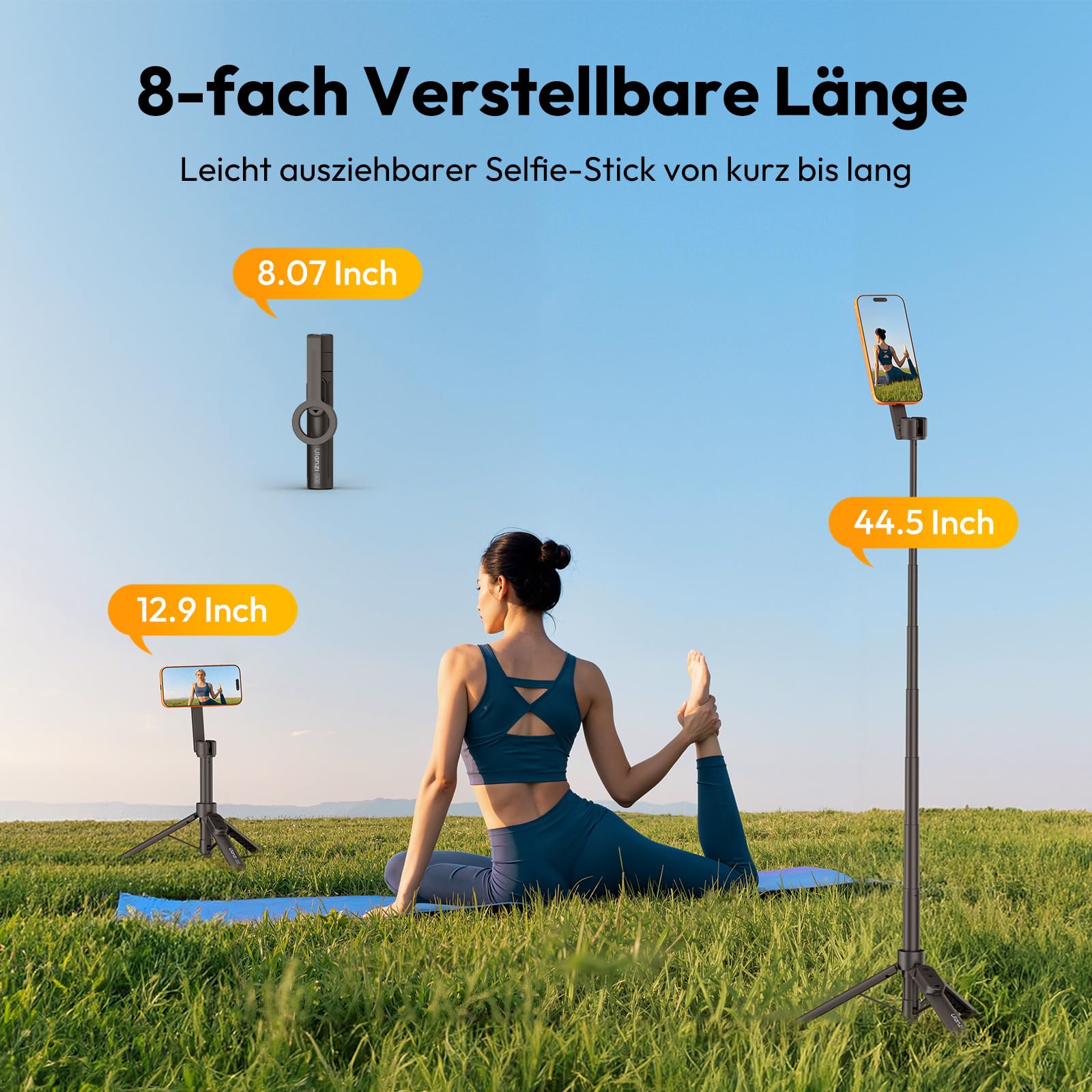 ULANZI SK26 Magnetisches Selfie Stick Stativ 113cm | 15N Starker Magnet, Ein-Klick-Öffnung, Ausziehbares Mini Tripod für Magsafe,200° Neigbar,10m Fernbedienung,Kompatibel mit iPhone 17-12 für Vlogging