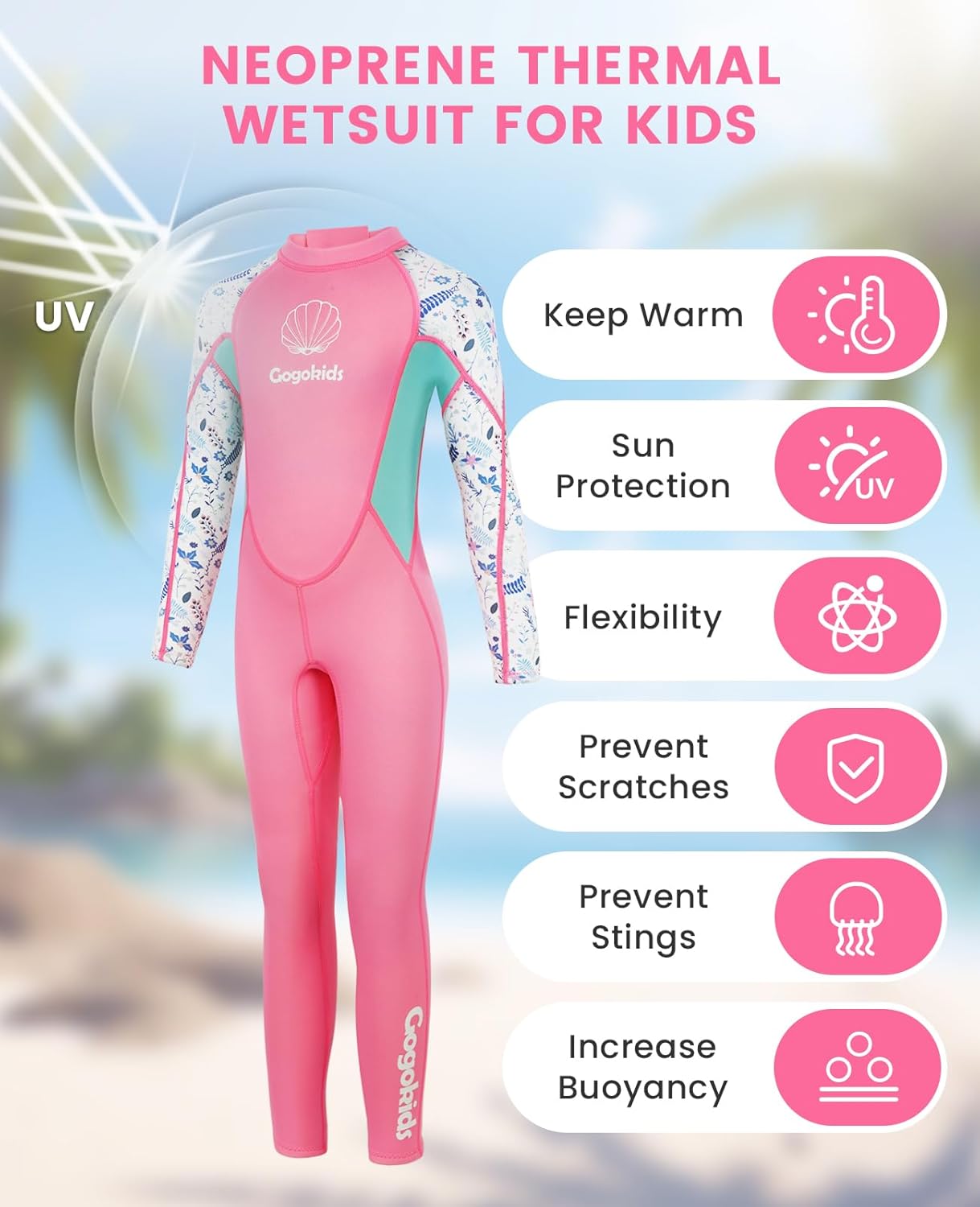 Gogokids Kids Wetsuit Long Sleeve 2.5mm - Boys Girls Neoprene Swimming Wetsuit with UV Protection 50+ & Back Zipper, Warm Full Wetsuit for Swimming Surfing Beach, Ages 2-10 Boys Girls