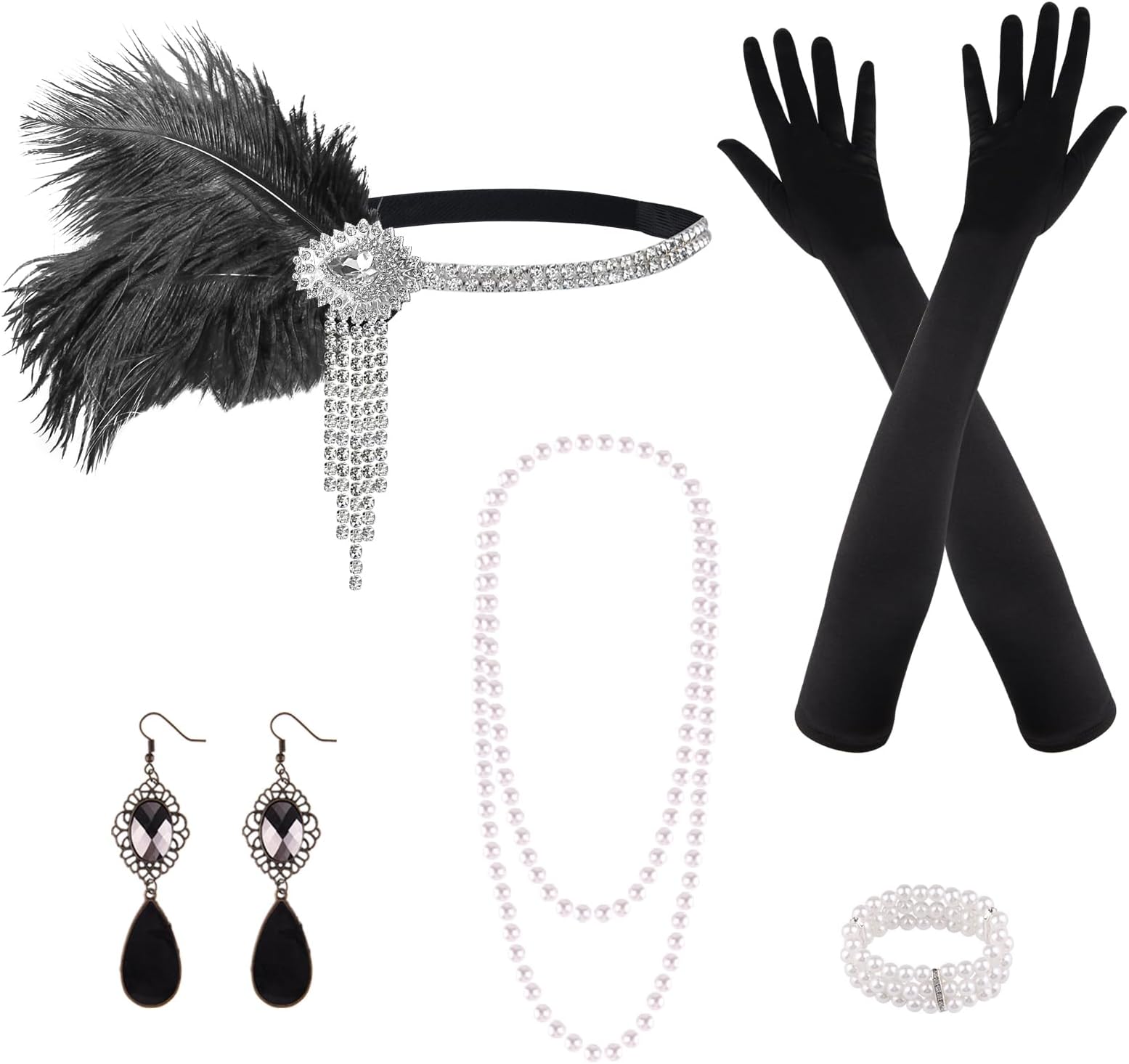 PLULON 1920s Flapper Great Gatsby Accessories Set Fashion Roaring 20's Theme Set with Headband Headpiece Long Black Gloves Necklace Earrings for Women