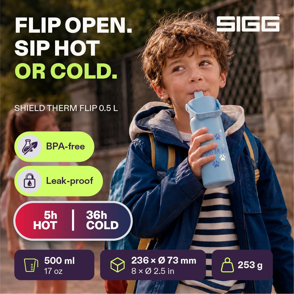 SIGG - Botella Aislada para Niños - Shield Therm FLIP Dream Big - A prueba de fugas - Apta para lavavajillas - Sin BPA - 90% acero inoxidable reciclado - Deporte y Escuela - Azul con Perro - 0.5L