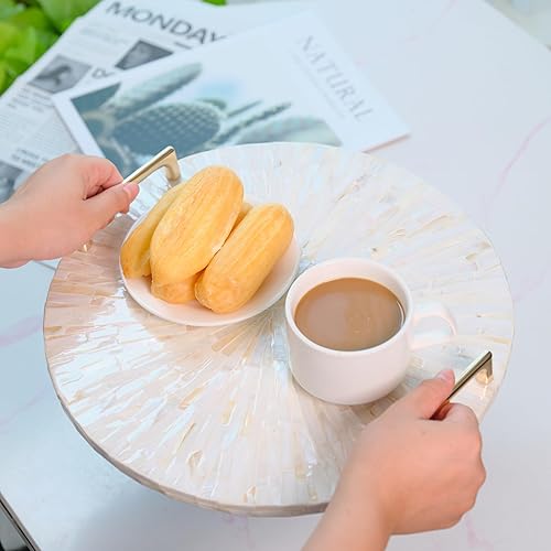 Miniatura 6 de PEMAR Bandeja decorativa de madreperla para mostrador redondo de 13 pulgadas y bandeja para servir con asas doradas, tocador, perfume, baratija para