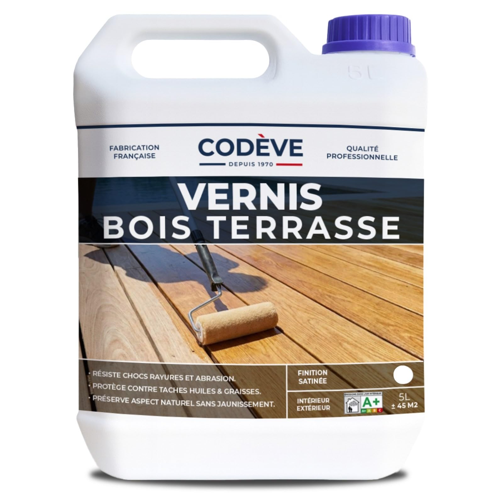 Vernis Bois Terrasse - Codeve Bois - 5L - Intérieur/extérieur - Pour La Protection De Votre Terrasse, Bord De Piscine Ou Caillebotis.