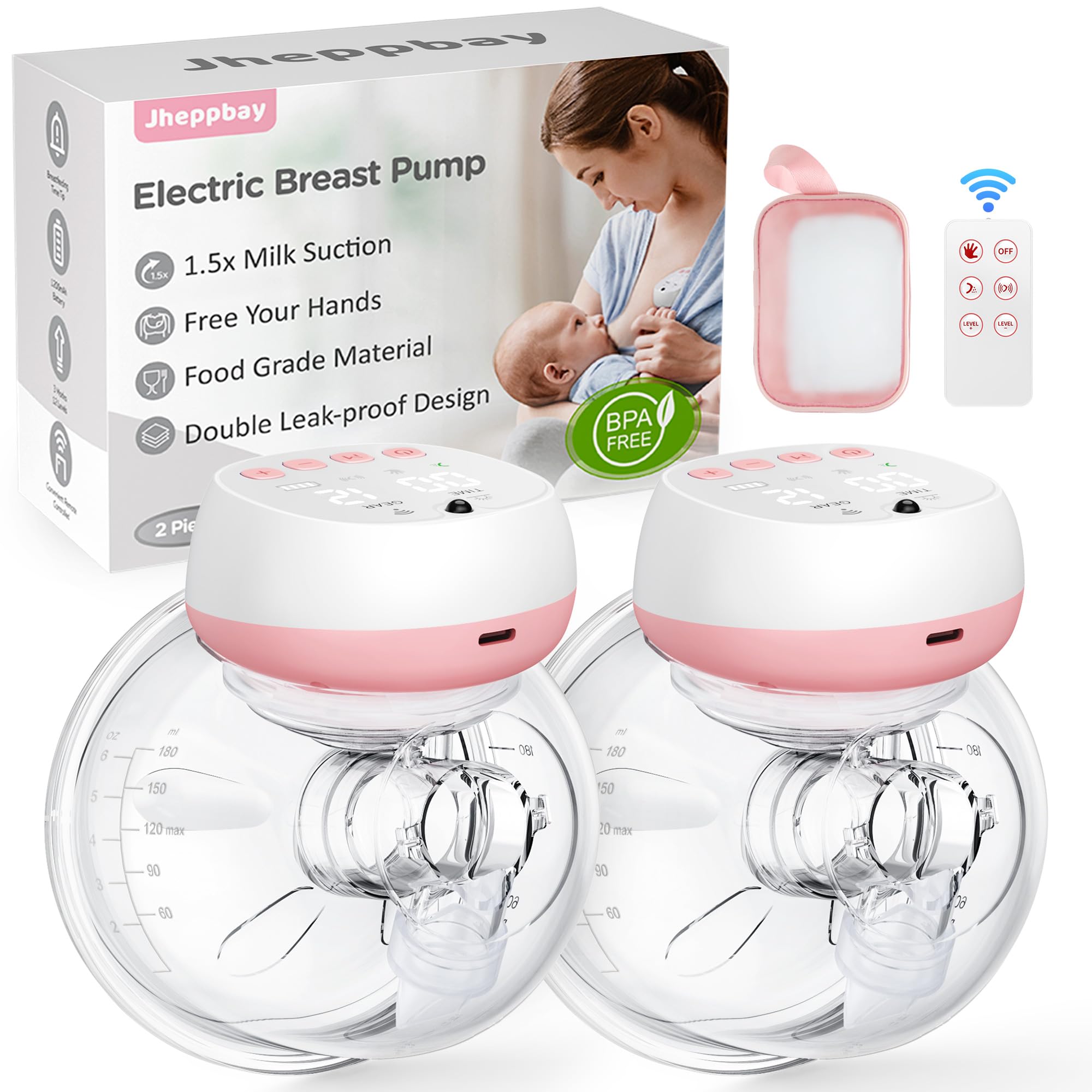 Jheppbay Tiralatte Elettrico Indossabile Doppio, Tiralatte Neonati Elettrico Portatile, 12 Livelli e 3 Modalità con Telecomando, Flangia 17/19/21 mm, Senza BPA
