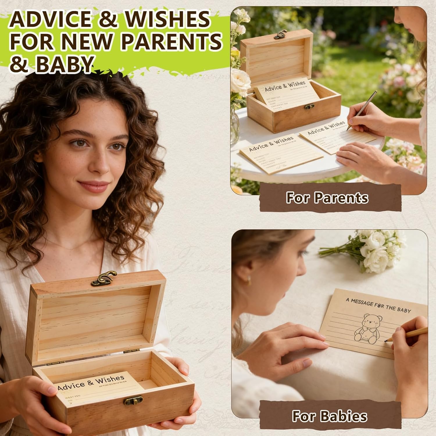 Natural Wooden Baby Shower Keepsake Box with 50 Pcs Advice & Wishes Kraft Cards - Elegant Guest Book Alternative – Rustic Time Capsule Memories Box for New Parents, Mom & Dad to Be Gifts (Set) image 5