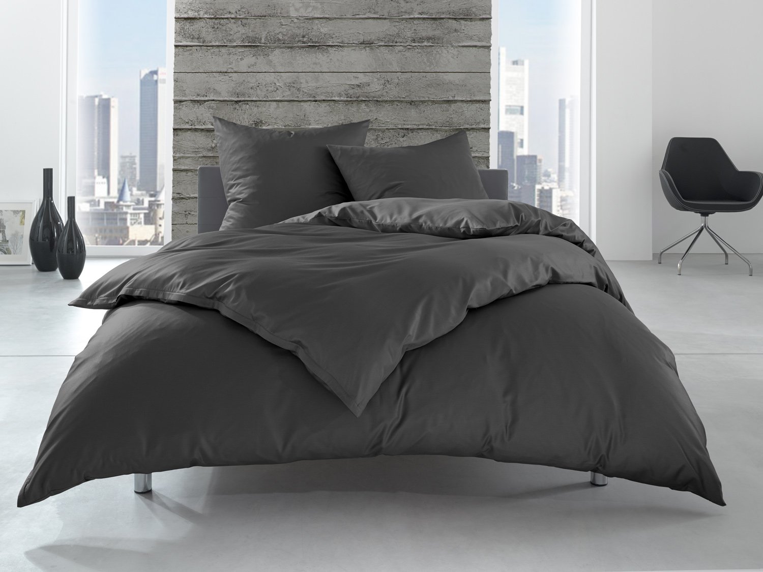 Bettwaesche-mit-Stil Hotelbettwäsche Garnitur Lia Linon/Renforcé 100% Baumwolle anthrazit Uni einfarbig mit Reißverschluss (155 cm x 220 cm + 80 cm x 80 cm)