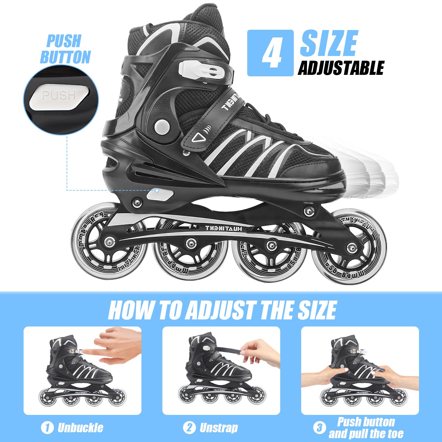 Huatinent Adjustable Inline Skates for Women and Men, Men Roller Skates for Adult Female Male with Big Wheels, Patines para Mujer for Youth Teens Boys and Girls (Black, X-Large - Adult)
