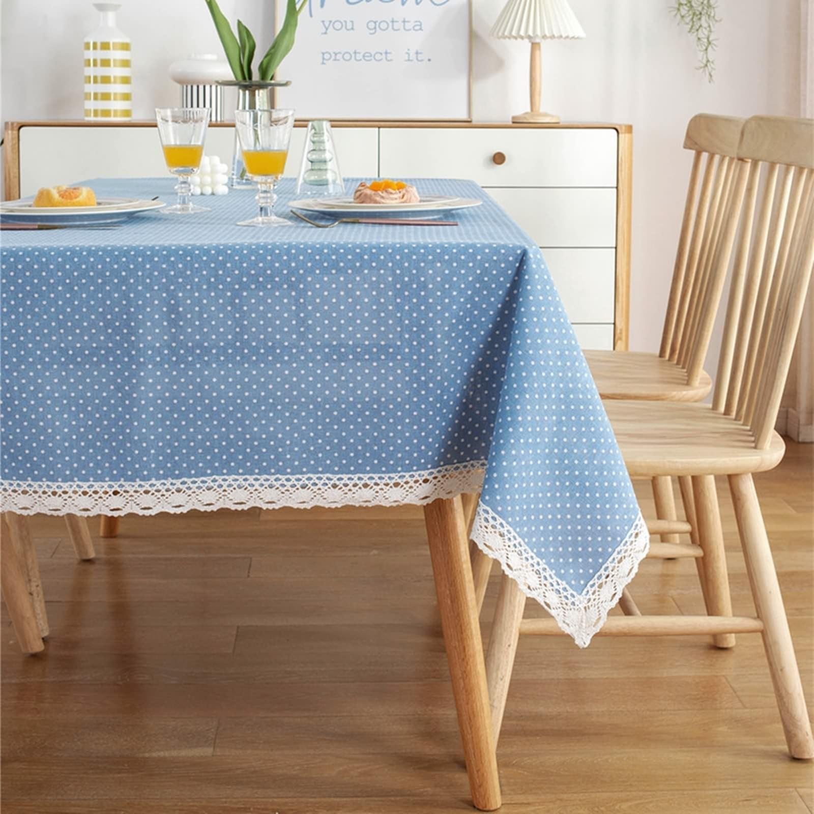 Tovaglia rettangolare 140 x 220 cm in poliestere lavabile per 68 persone blu tinta unita con bordo ricamato decorazione da tavolo stile country accessorio ideale per la casa