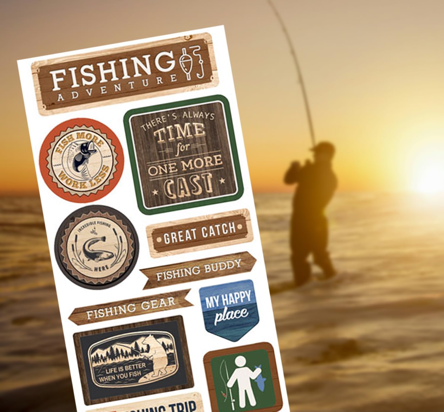 Fishing Scrapbook Sticker - Fish Scrapbooking Stickers with Lake, Gear Design - Outdoor Theme Embellishment for Boat, Hunting, Camping Inspired Planner, Journal, Album, Crafts - 2 Items Total